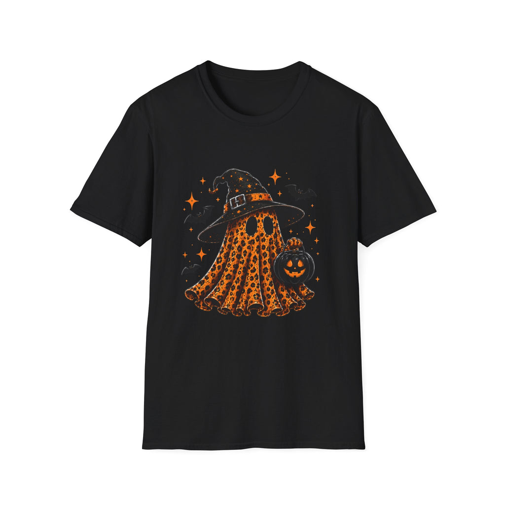 Leopard Ghost Halloween T-Shirt — Witch Hat Pumpkin & Bats Fall Tee