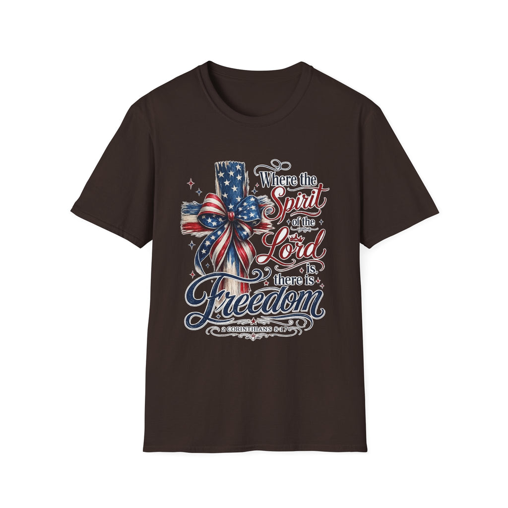 Patriotic Cross T-Shirt — “Where the Spirit of the Lord Is, There Is Freedom”