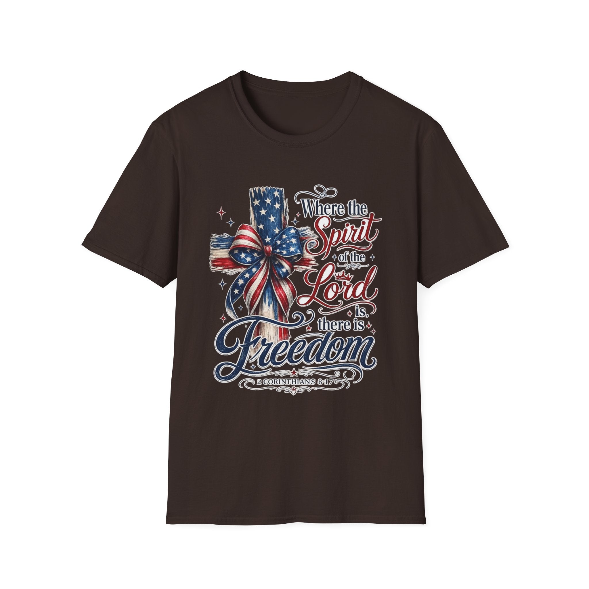 Patriotic Cross T-Shirt — “Where the Spirit of the Lord Is, There Is Freedom”