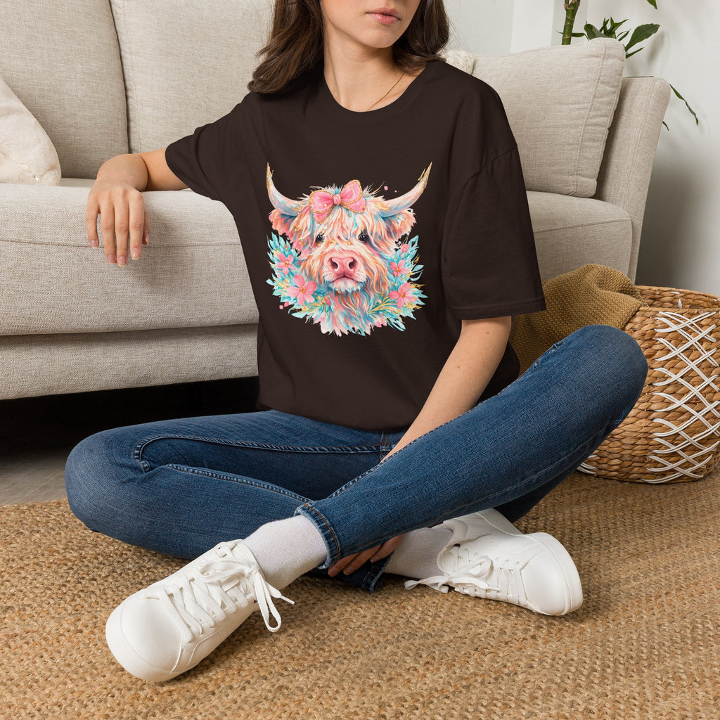 Highland Cow Floral Tee — Cute Pastel Cow Face T-Shirt