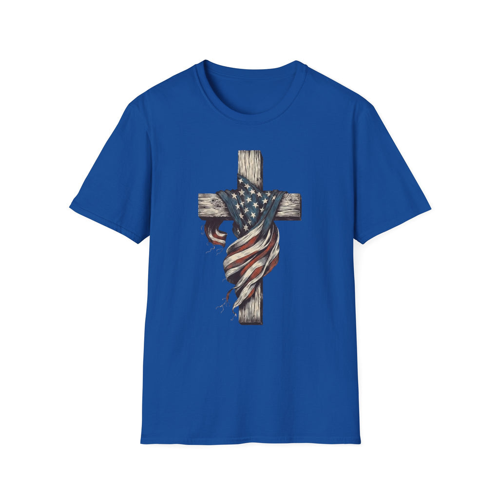 T-Shirt — American Flag Draped Cross Graphic Tee (Patriotic Christian)