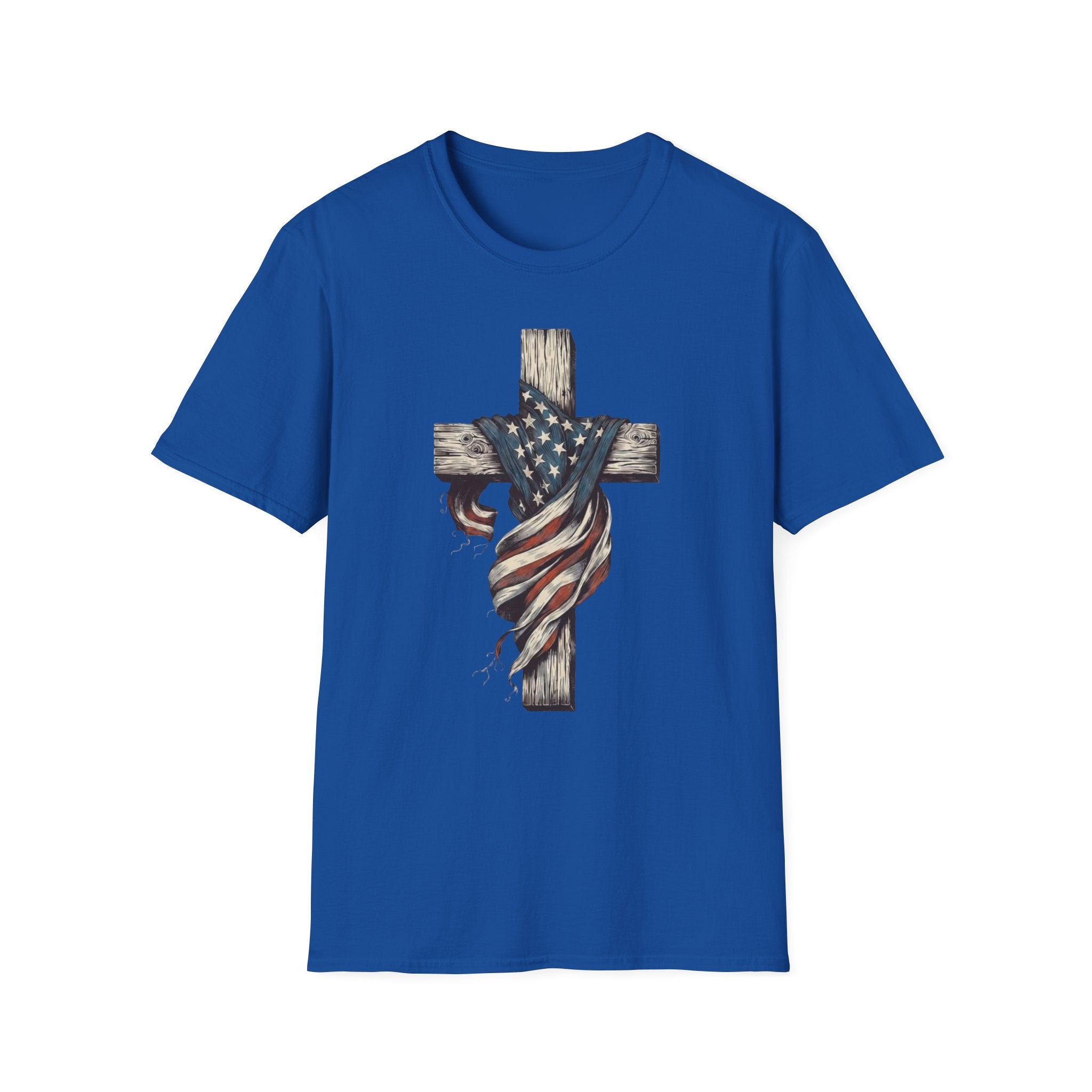 T-Shirt — American Flag Draped Cross Graphic Tee (Patriotic Christian)