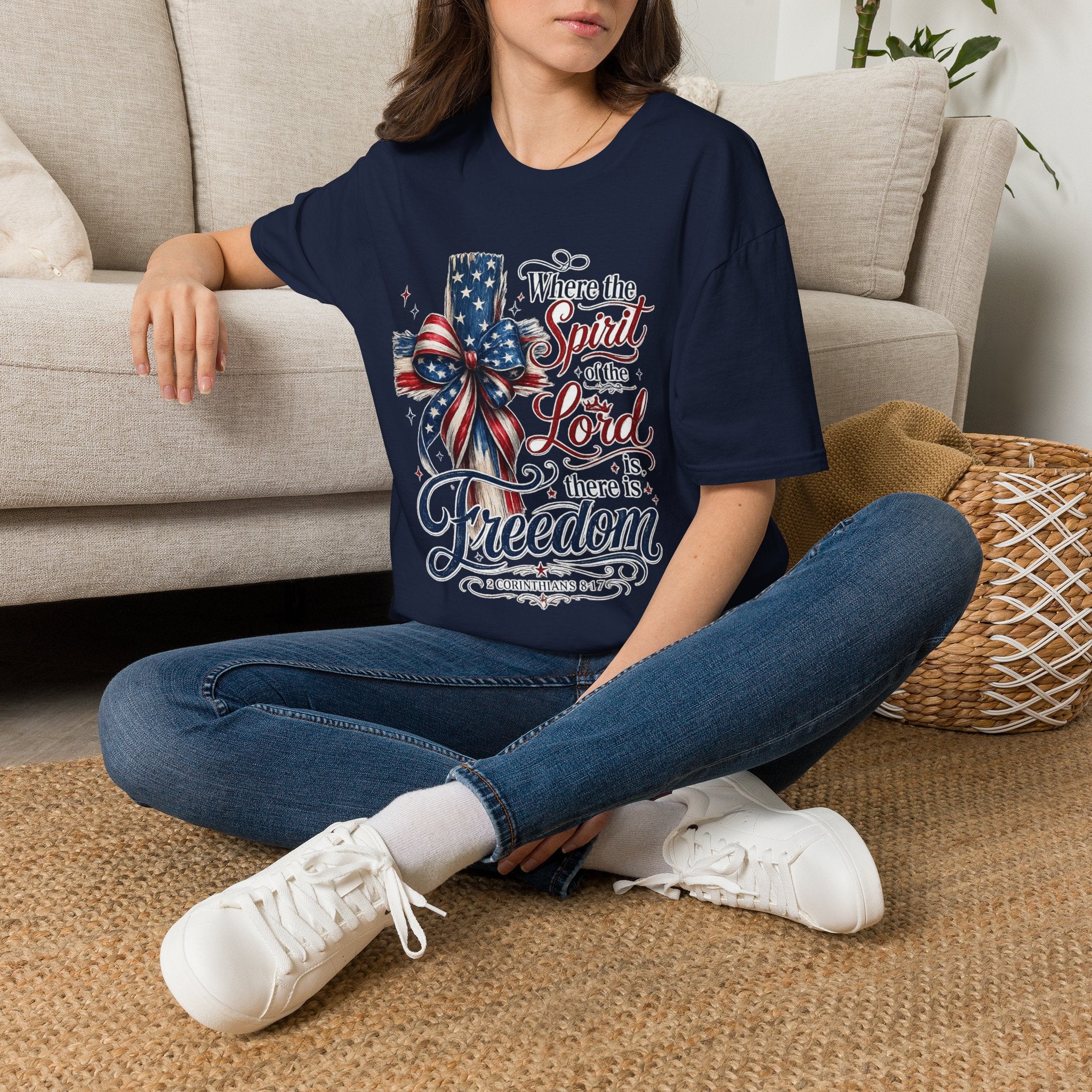 Patriotic Cross T-Shirt — “Where the Spirit of the Lord Is, There Is Freedom”