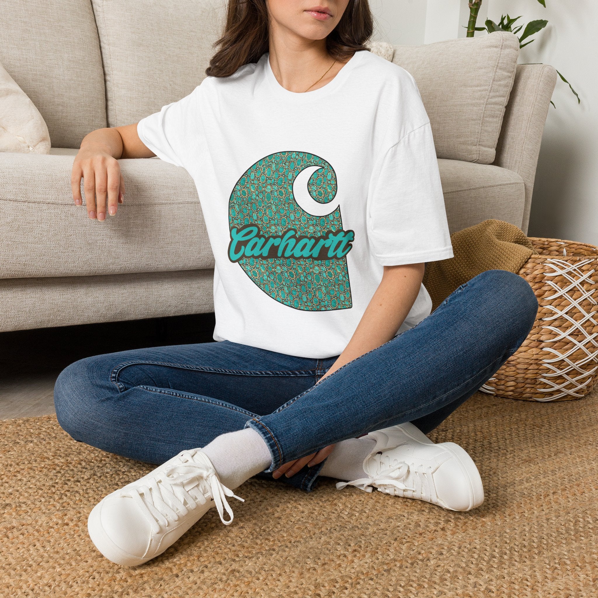 Carhartt Crescent Logo T‑Shirt — Vintage Teal Patterned Graphic Tee