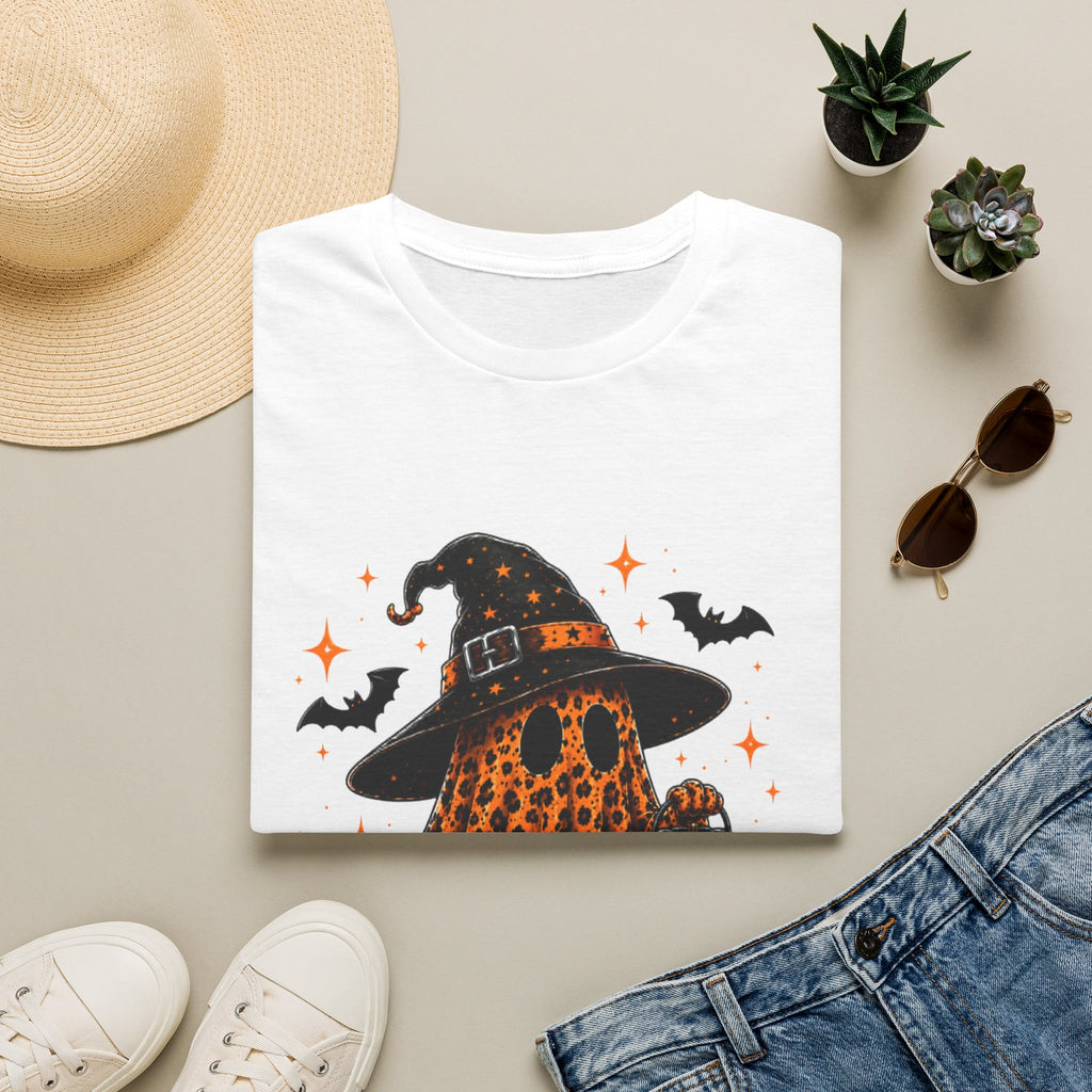 Leopard Ghost Halloween T-Shirt — Witch Hat Pumpkin & Bats Fall Tee