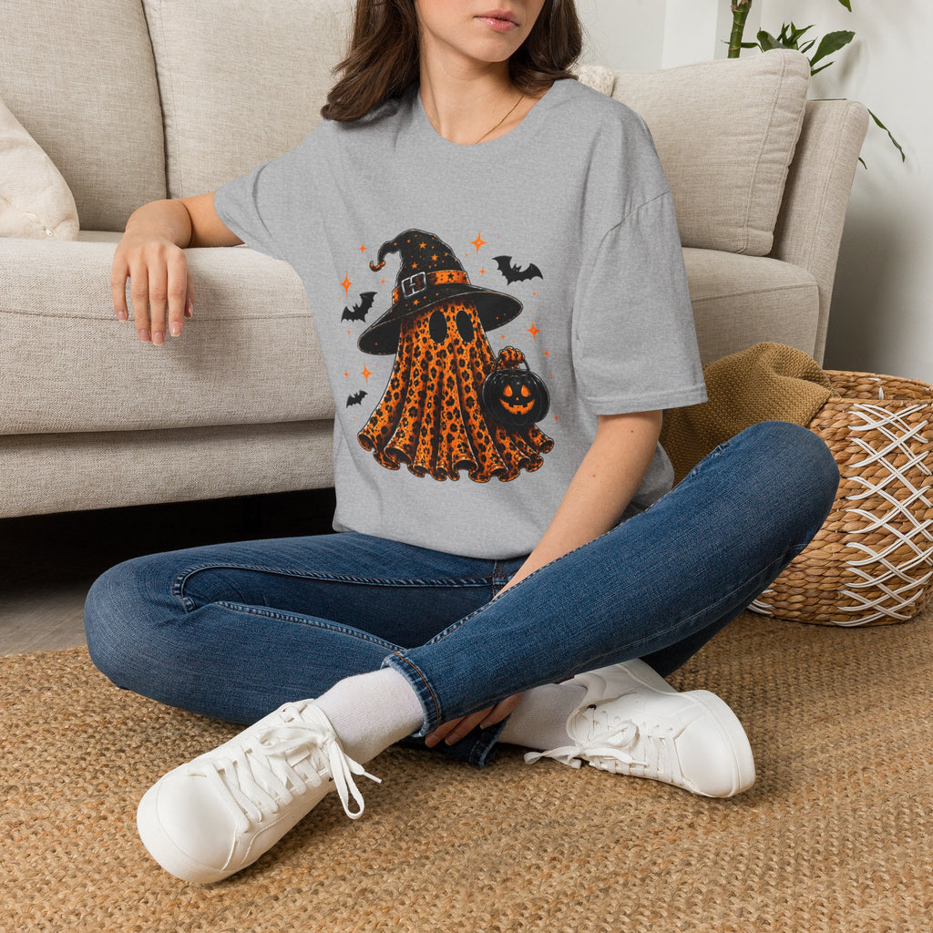 Leopard Ghost Halloween T-Shirt — Witch Hat Pumpkin & Bats Fall Tee