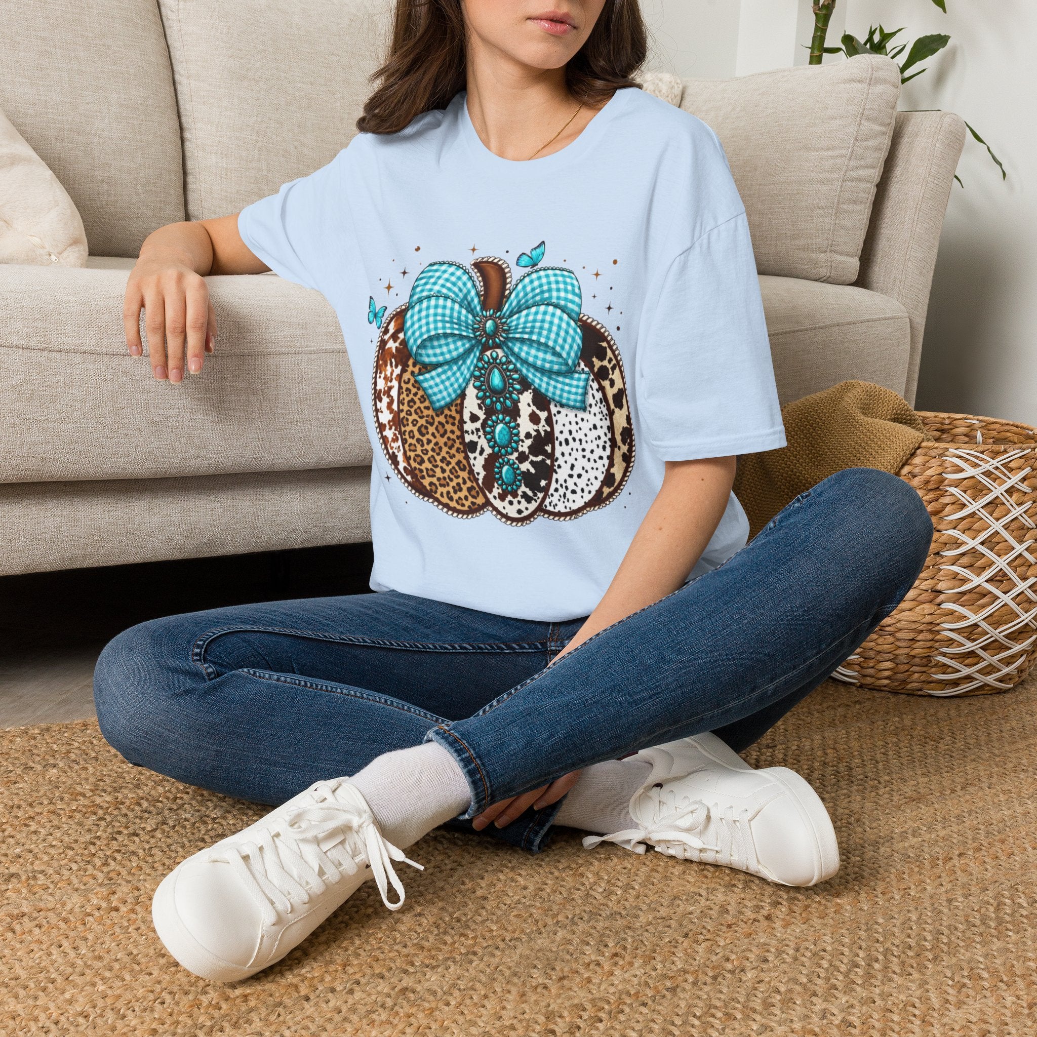 Turquoise Bow Pumpkin T-Shirt — Cowhide & Leopard Fall Graphic Tee