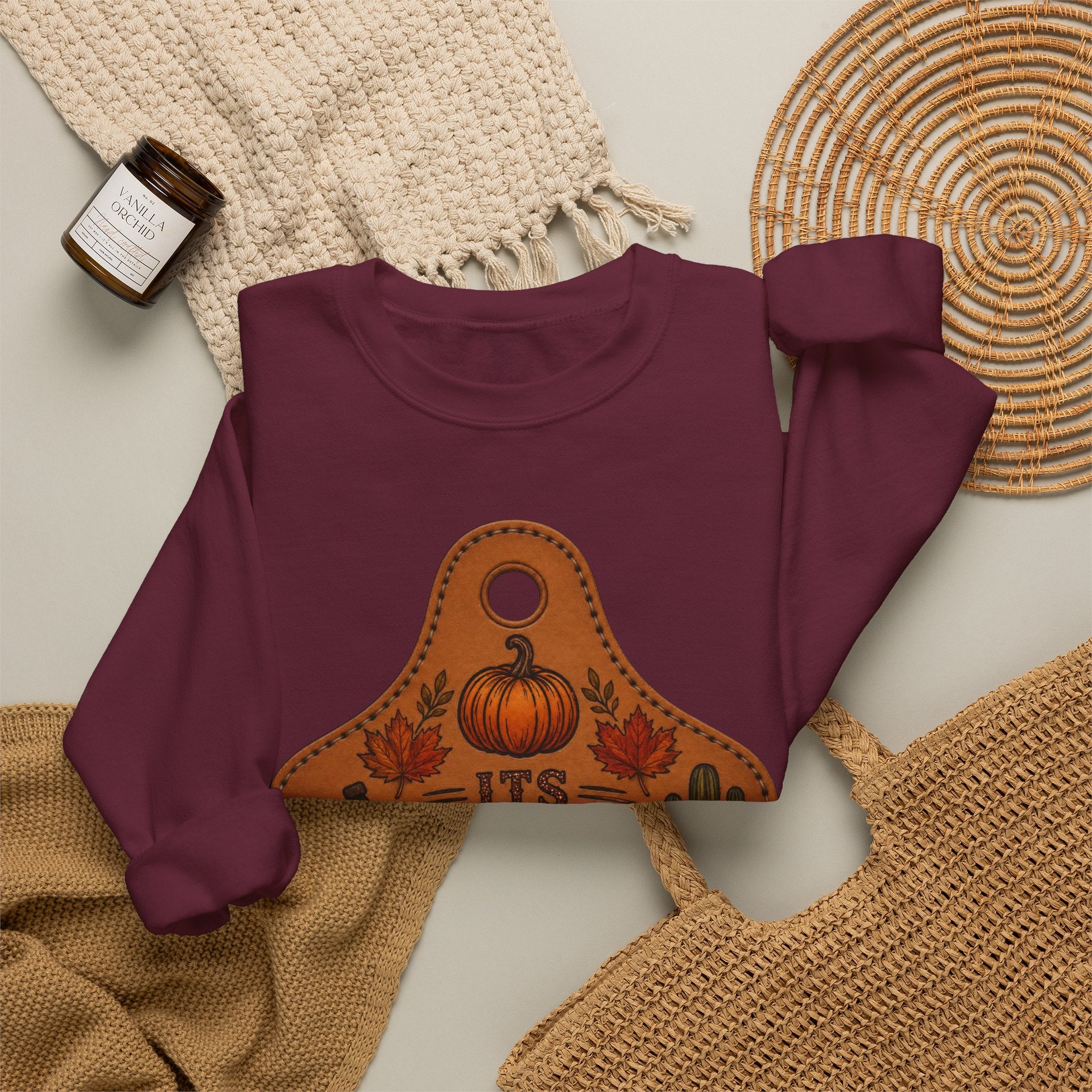 Fall Y'all Crewneck Sweatshirt — Rustic Pumpkin Leather Tag Design