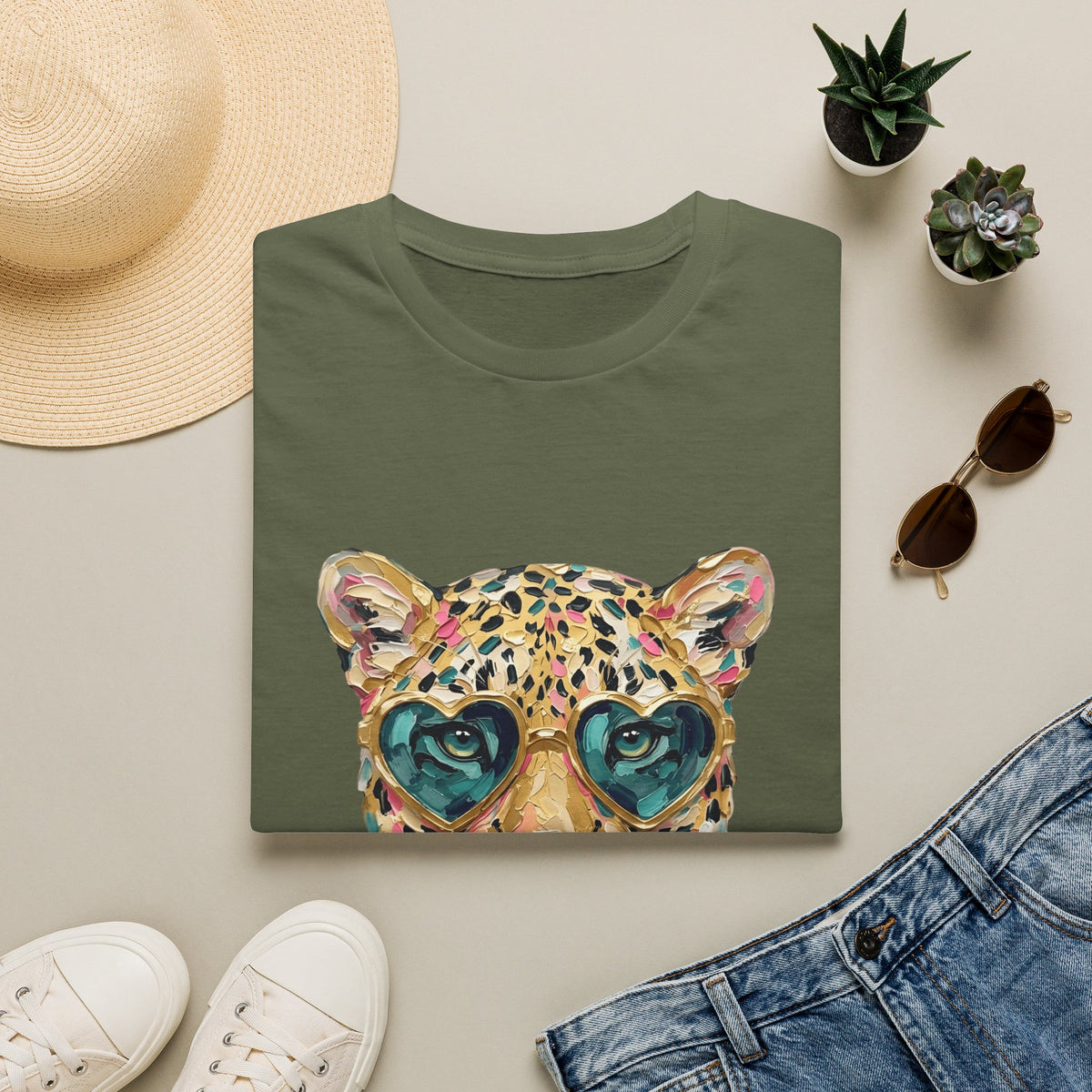 Leopard with Heart Sunglasses Graphic Tee — Cute Pop Art Animal T-Shirt