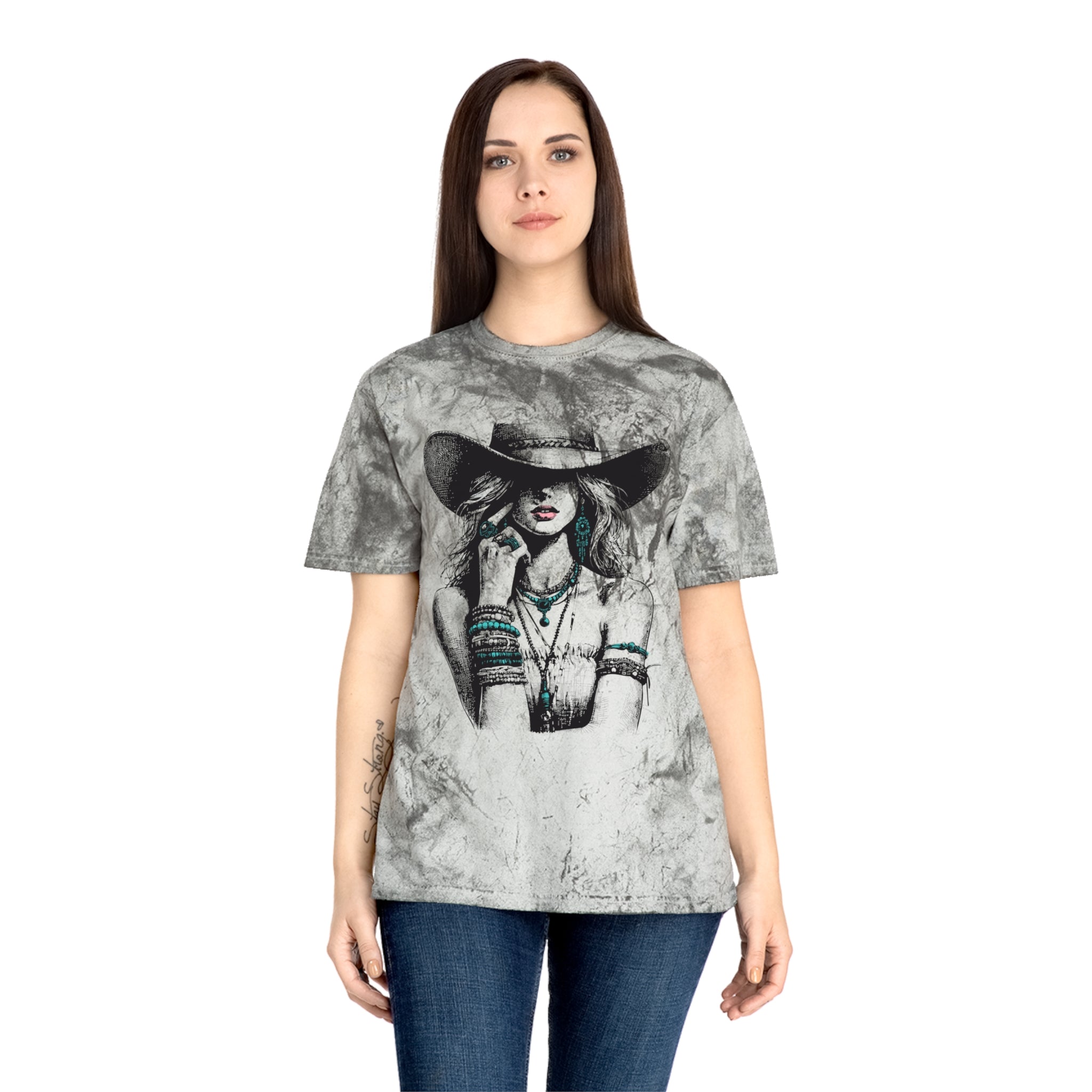 Western Cowgirl Graphic Tee — Vintage Boho Hat & Jewelry Design