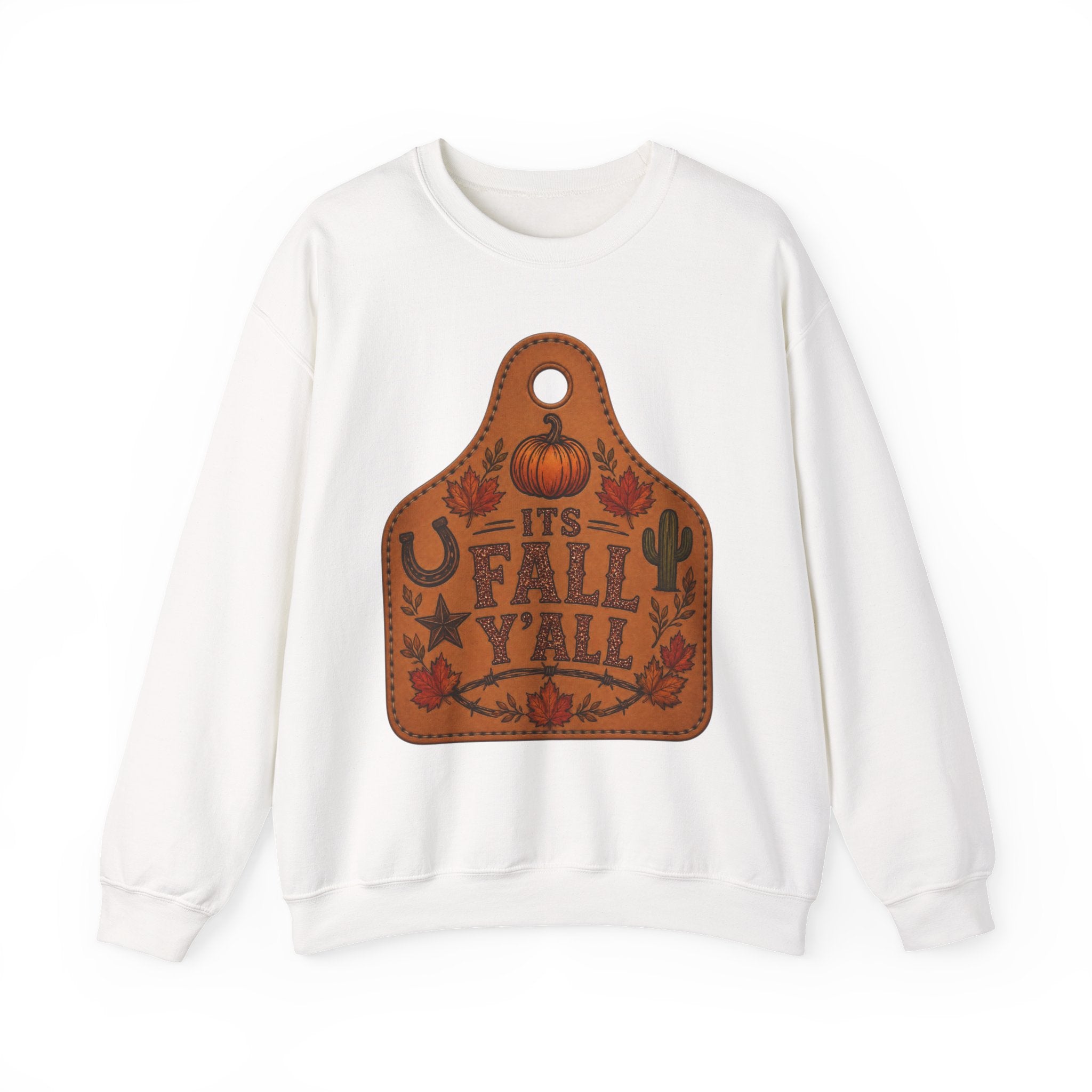 Fall Y'all Crewneck Sweatshirt — Rustic Pumpkin Leather Tag Design