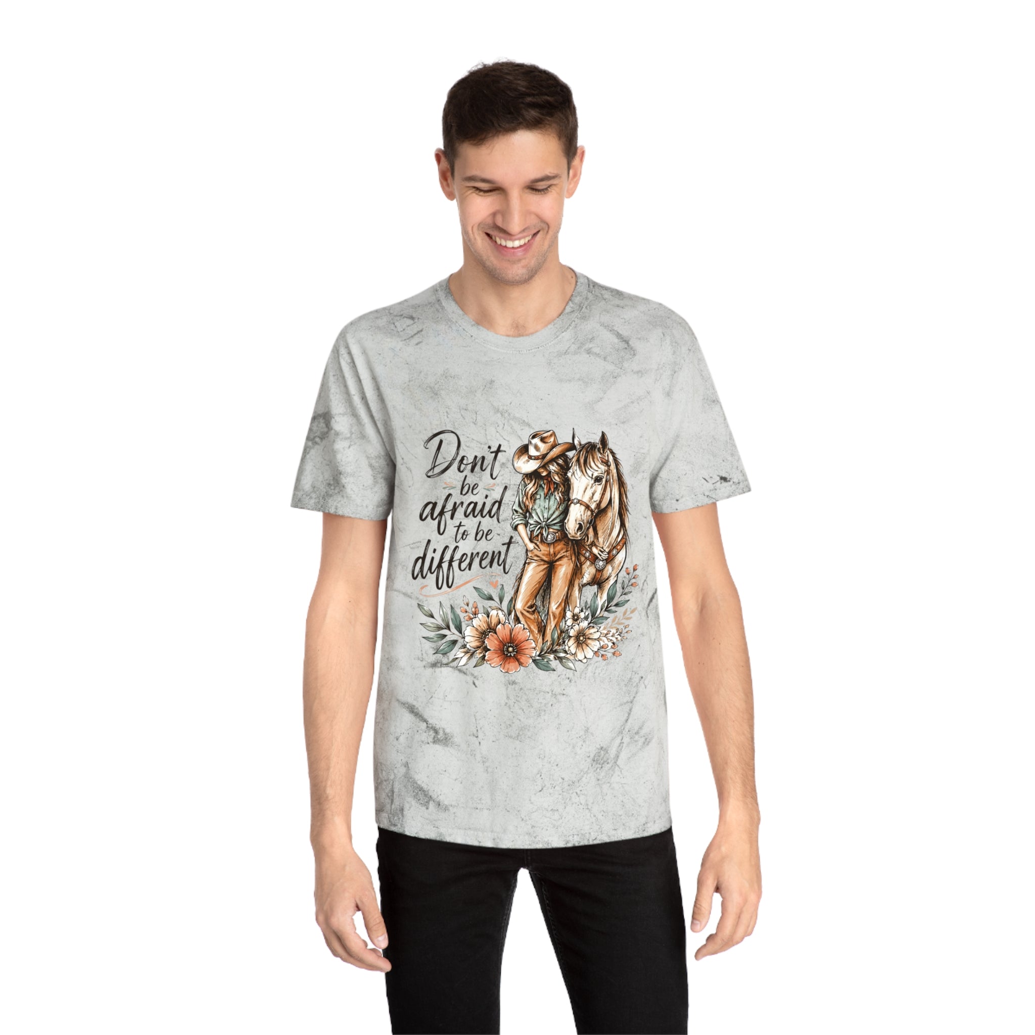 Cowgirl Horse Graphic T-Shirt — "Don't Be Afraid to Be Different" Inspirational Tee