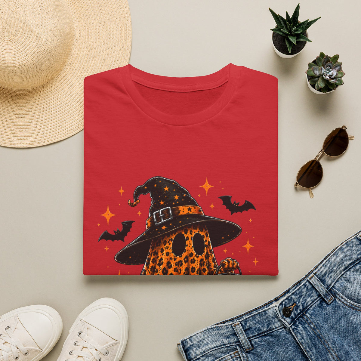 Leopard Ghost Halloween T-Shirt — Witch Hat Pumpkin & Bats Fall Tee