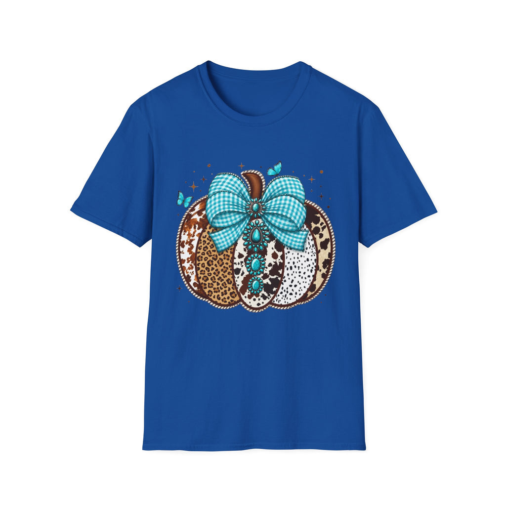 Turquoise Bow Pumpkin T-Shirt — Cowhide & Leopard Fall Graphic Tee