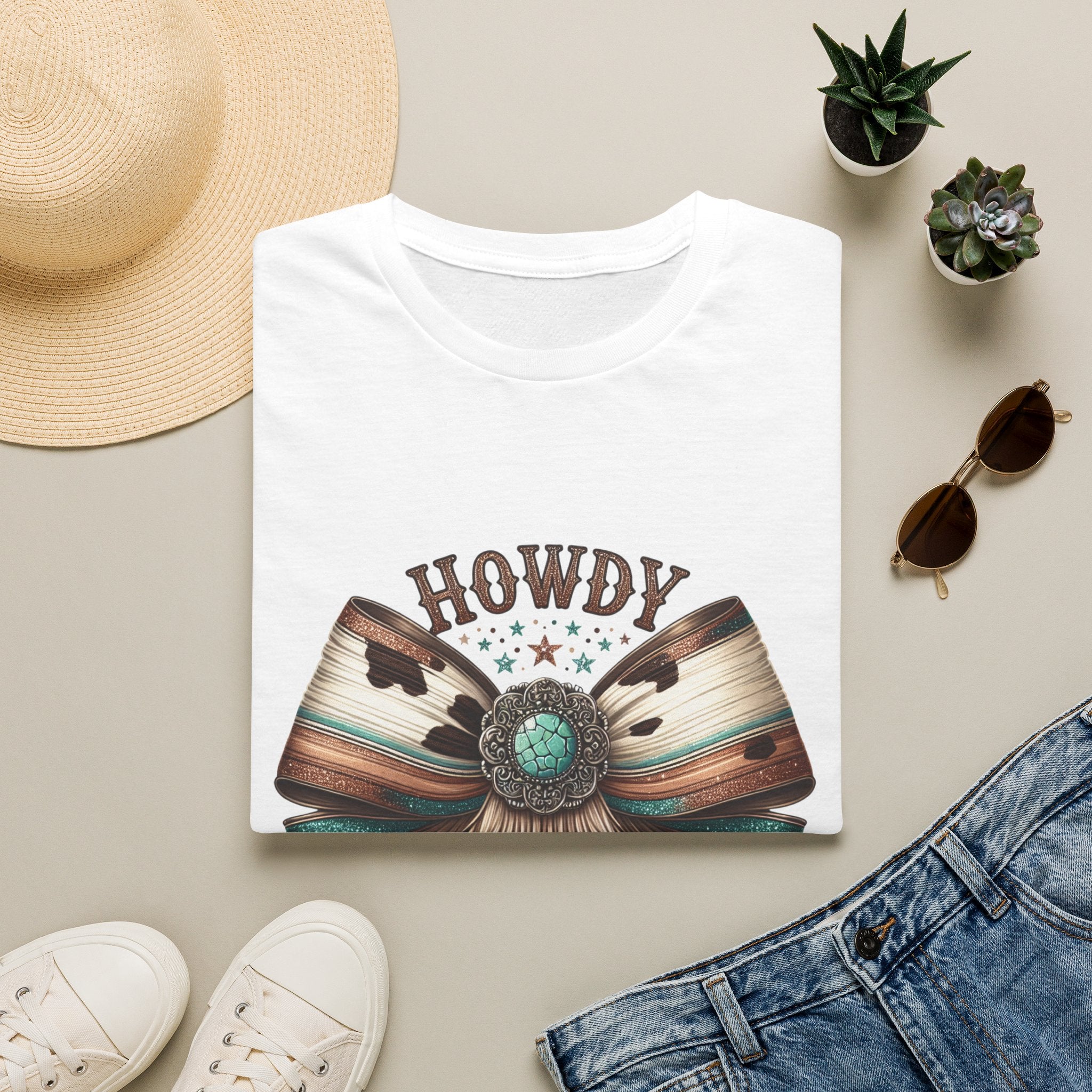 Howdy Western Bow T-Shirt — Turquoise Concho Rustic Cowhide Graphic