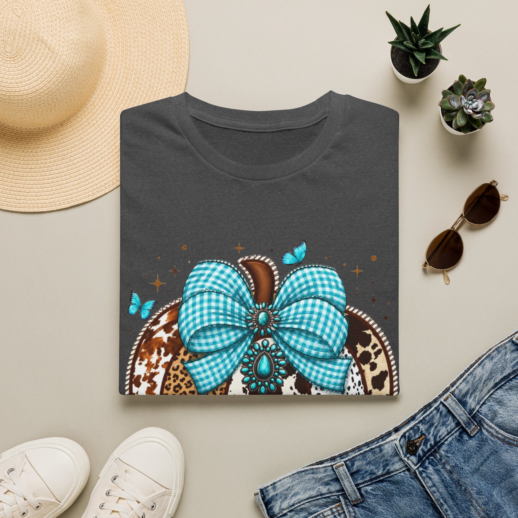 Turquoise Bow Pumpkin T-Shirt — Cowhide & Leopard Fall Graphic Tee