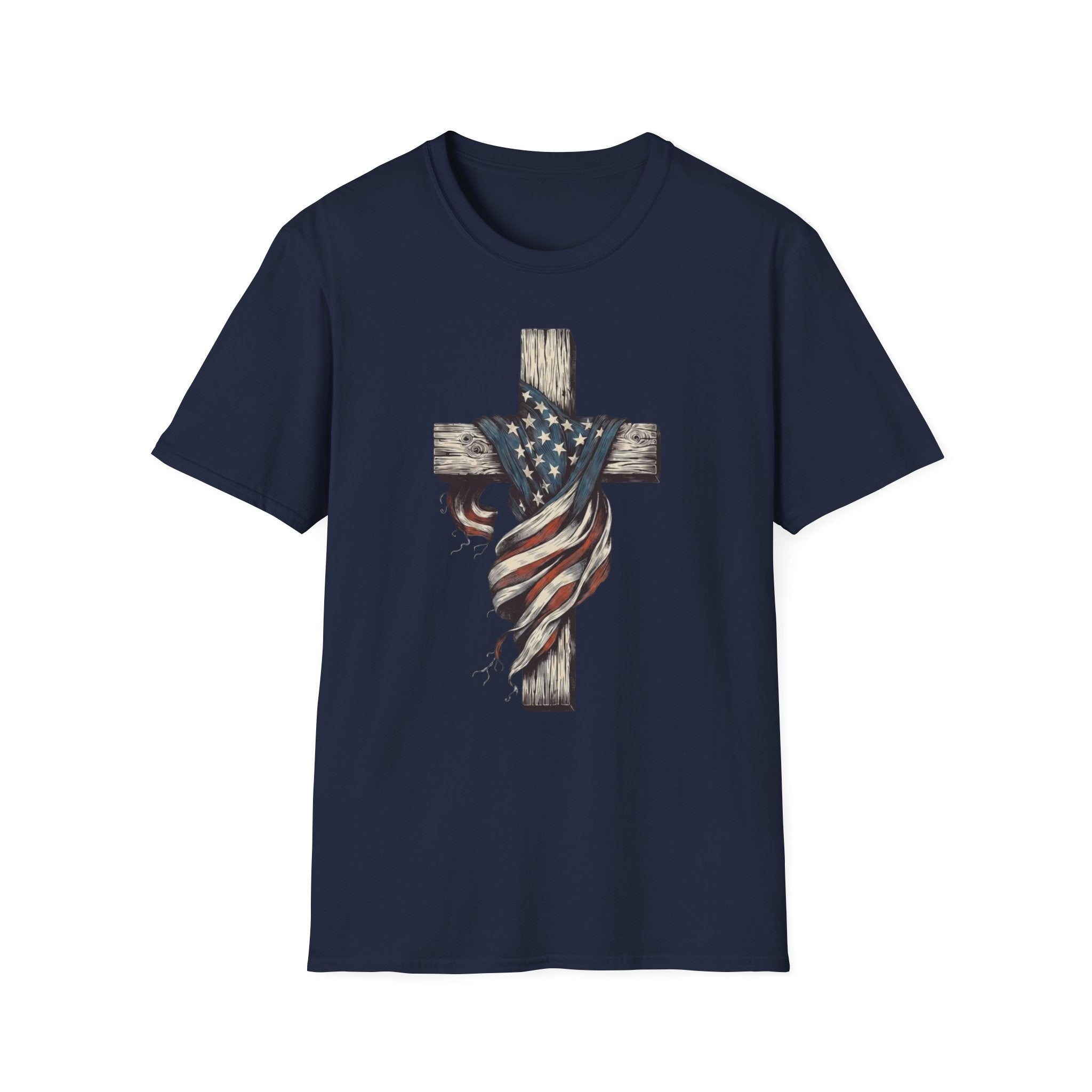 T-Shirt — American Flag Draped Cross Graphic Tee (Patriotic Christian)