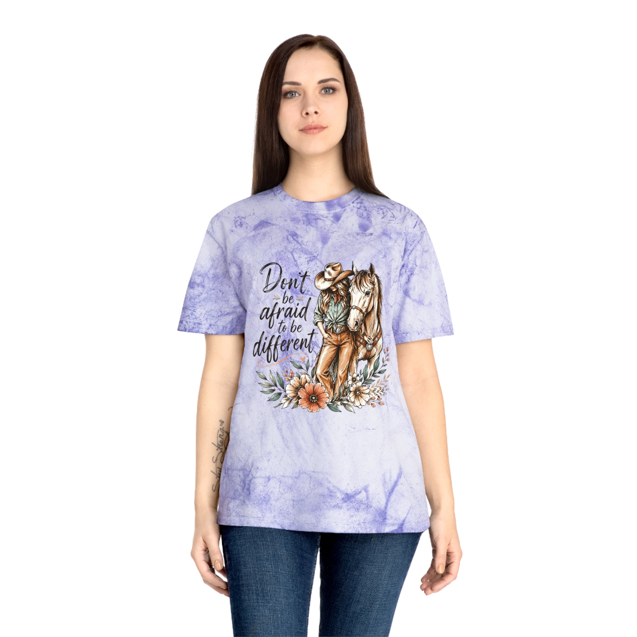 Cowgirl Horse Graphic T-Shirt — "Don't Be Afraid to Be Different" Inspirational Tee