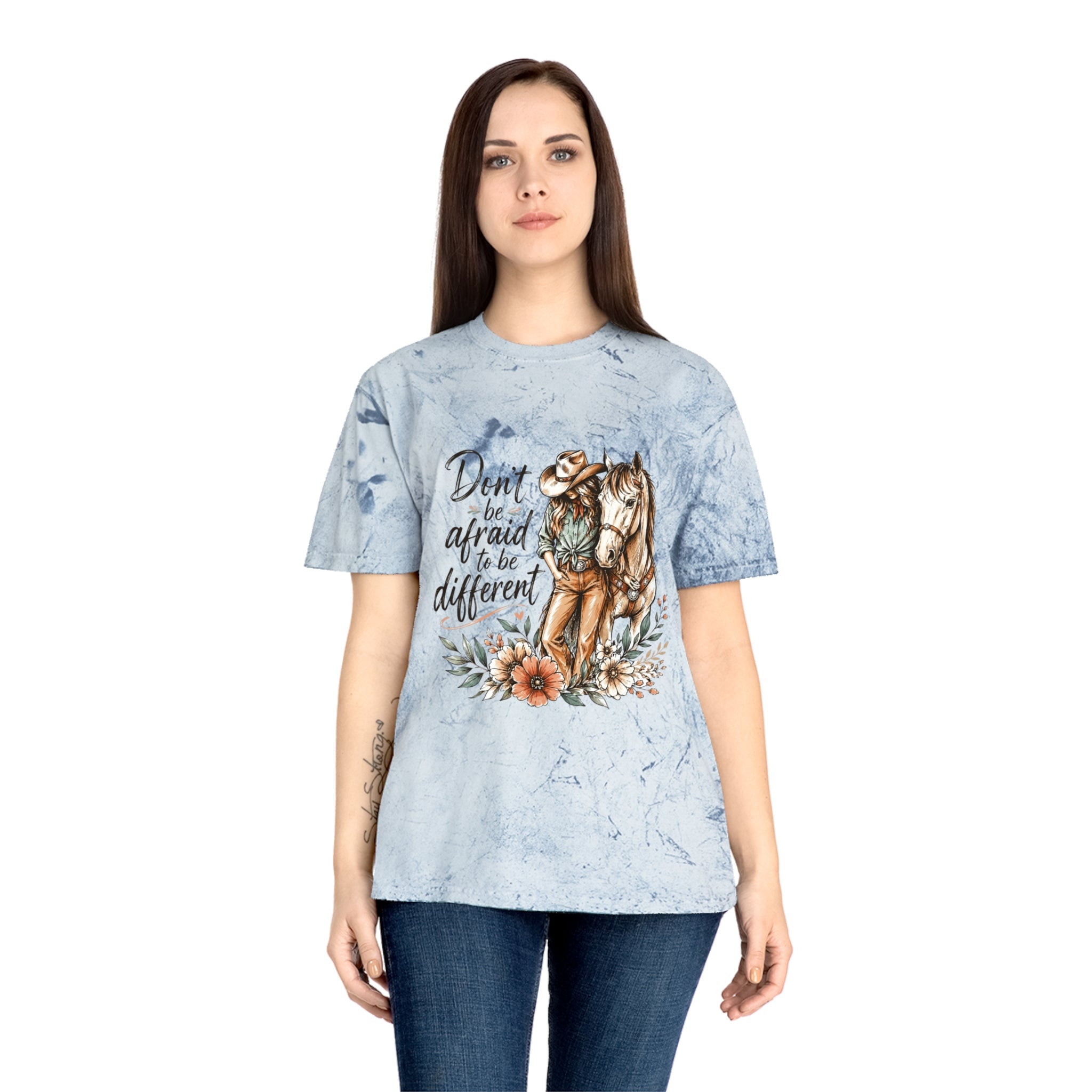 Cowgirl Horse Graphic T-Shirt — "Don't Be Afraid to Be Different" Inspirational Tee