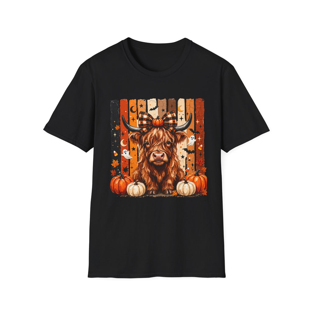 Highland Cow Halloween T-Shirt — Plaid Pumpkin Fall Graphic Tee