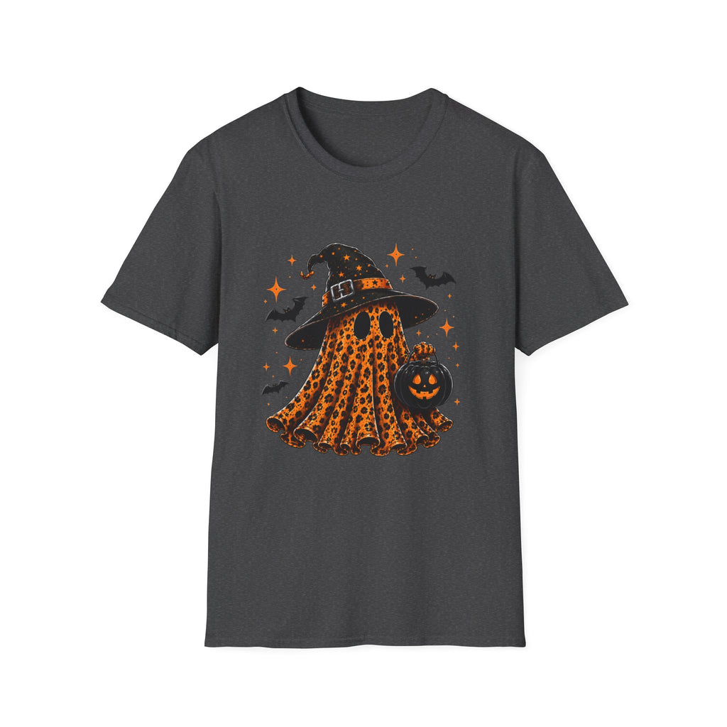 Leopard Ghost Halloween T-Shirt — Witch Hat Pumpkin & Bats Fall Tee