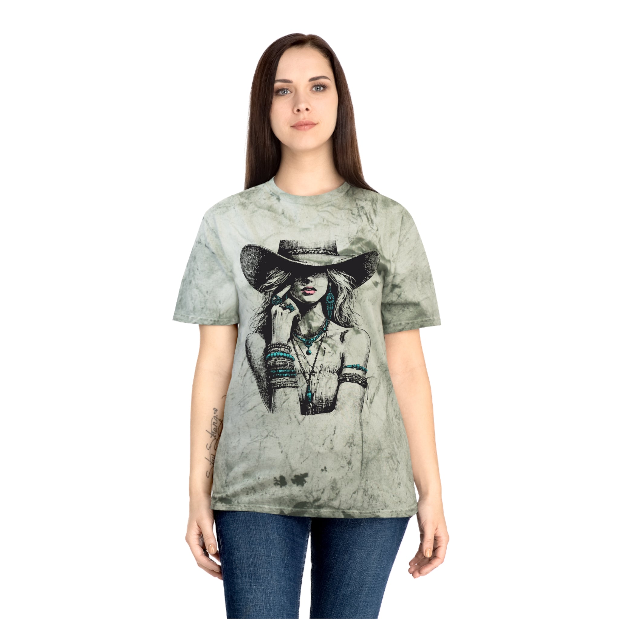 Western Cowgirl Graphic Tee — Vintage Boho Hat & Jewelry Design