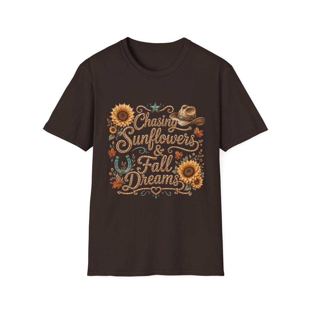 Chasing Sunflowers & Fall Dreams T-Shirt — Rustic Cowboy Sunflower Autumn Tee