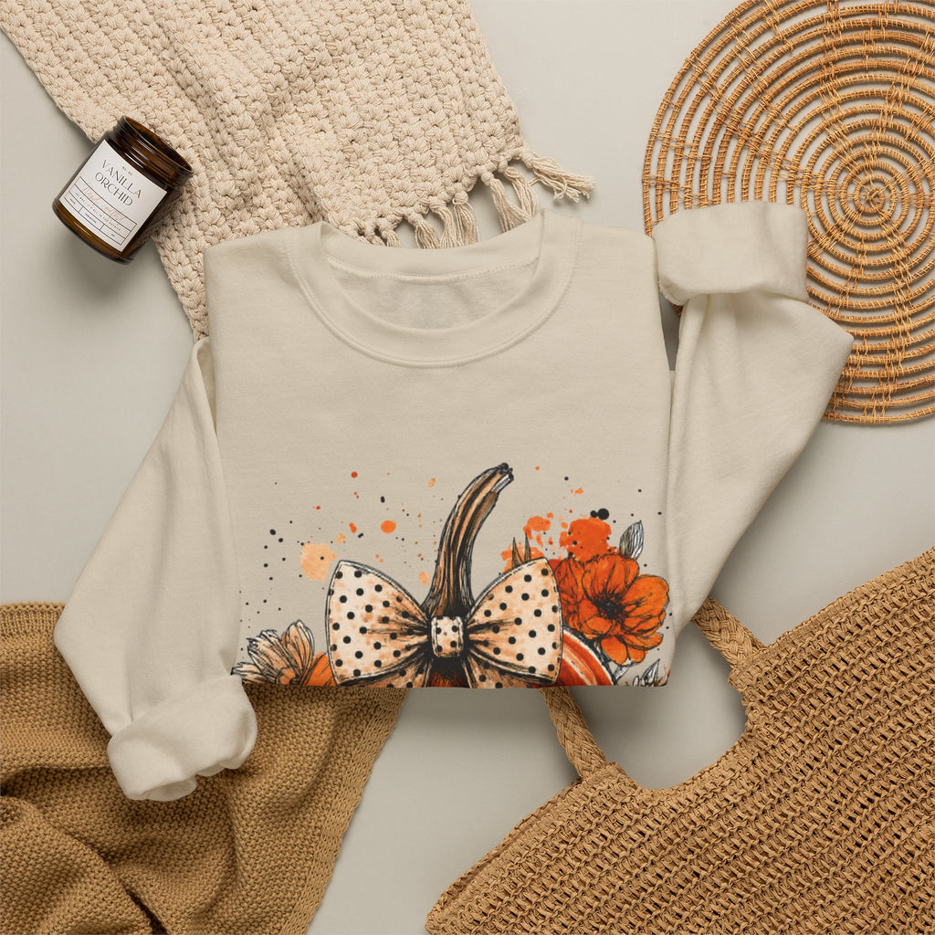 Pumpkin Bow Crewneck Sweatshirt — Autumn Floral Pumpkin Sweatshirt