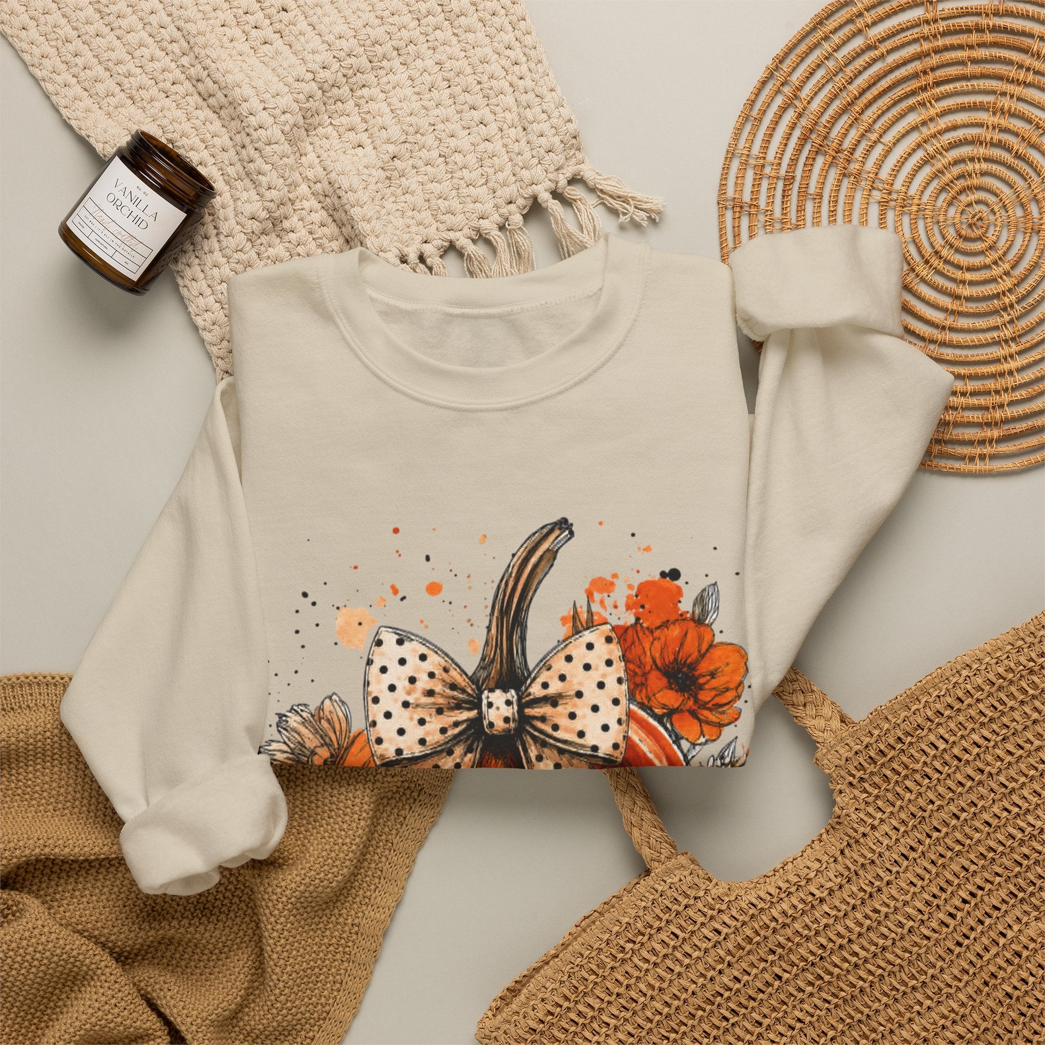 Pumpkin Bow Crewneck Sweatshirt — Autumn Floral Pumpkin Sweatshirt