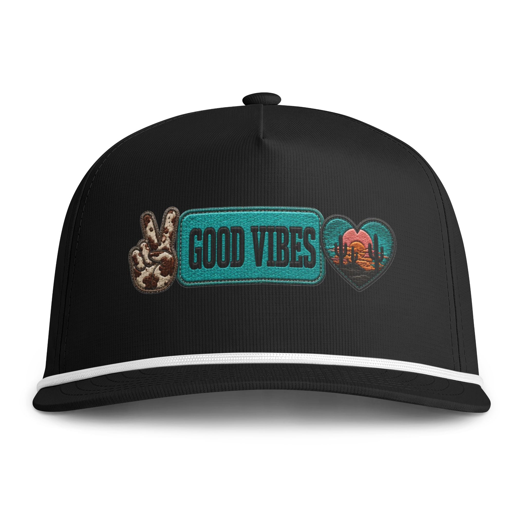 Good Vibes Rope Cap — Retro Peace Sign & Sunset Patch Hat