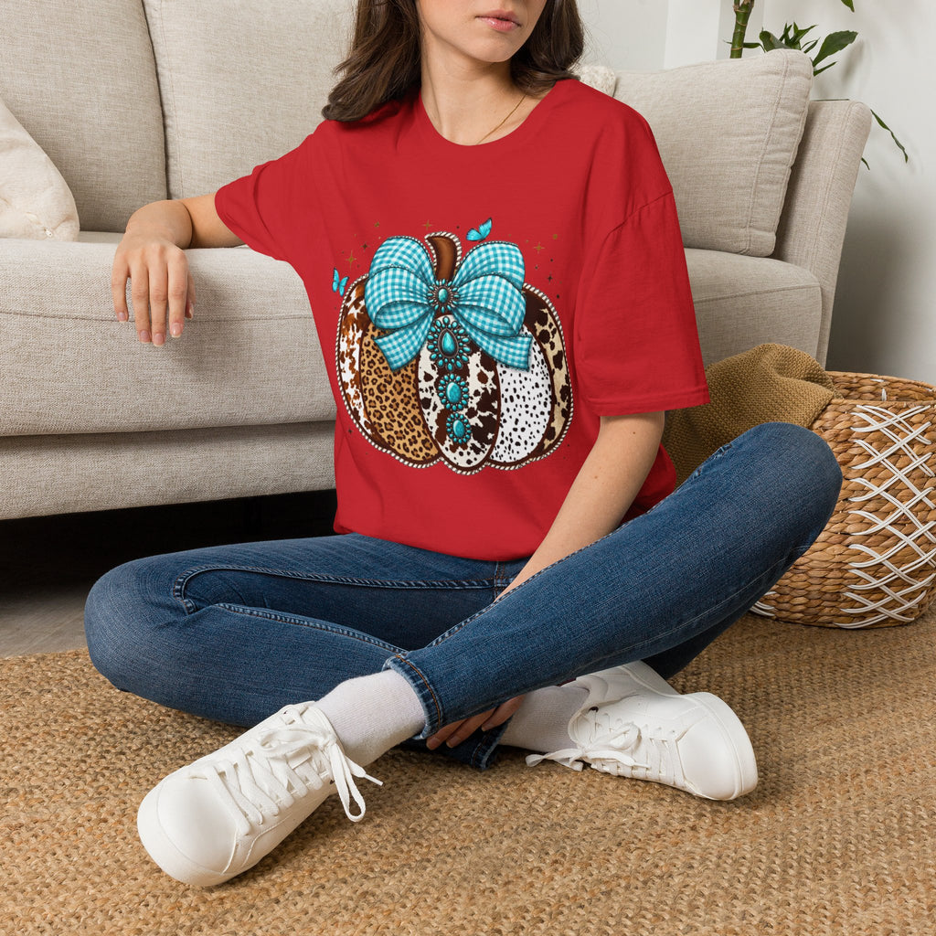 Turquoise Bow Pumpkin T-Shirt — Cowhide & Leopard Fall Graphic Tee
