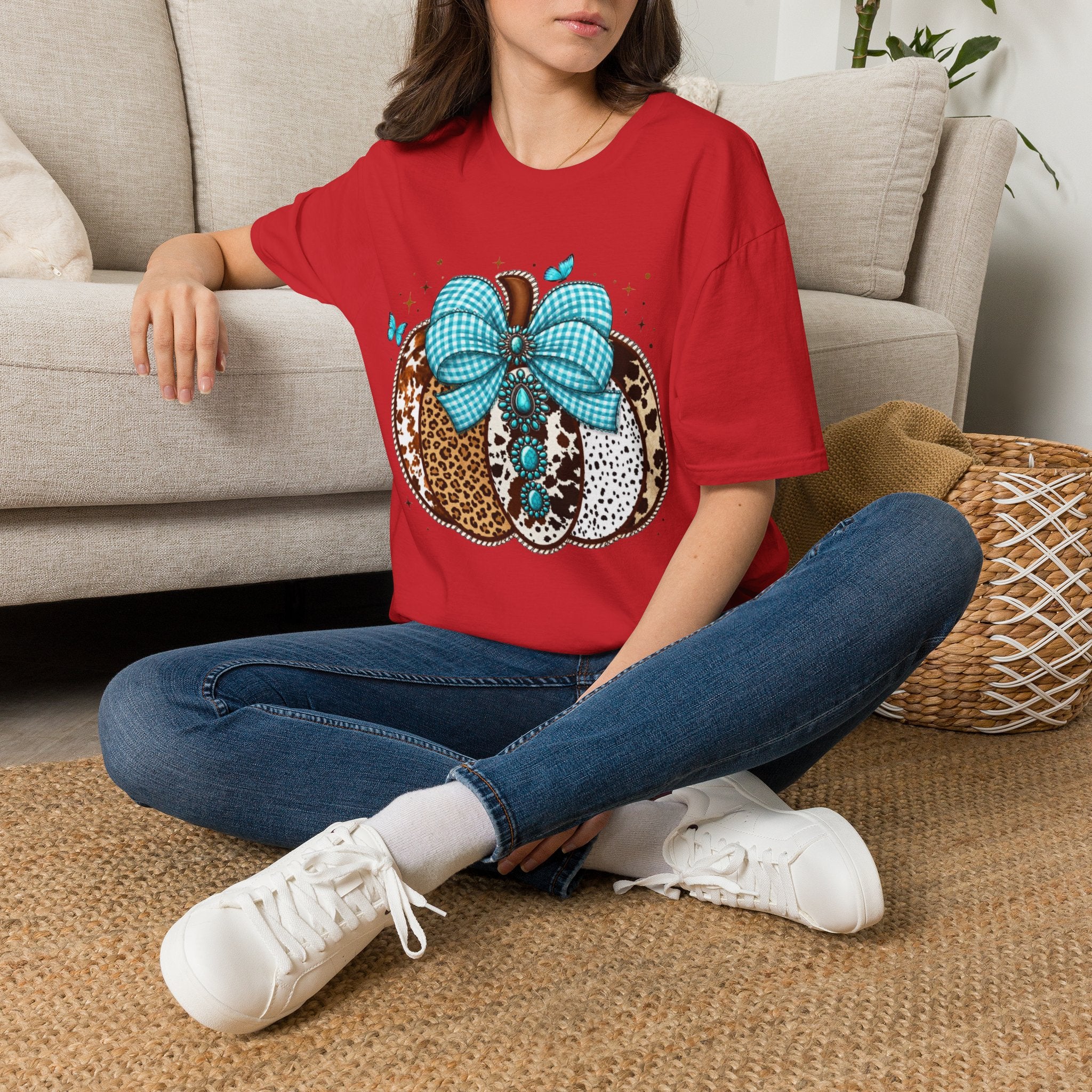 Turquoise Bow Pumpkin T-Shirt — Cowhide & Leopard Fall Graphic Tee