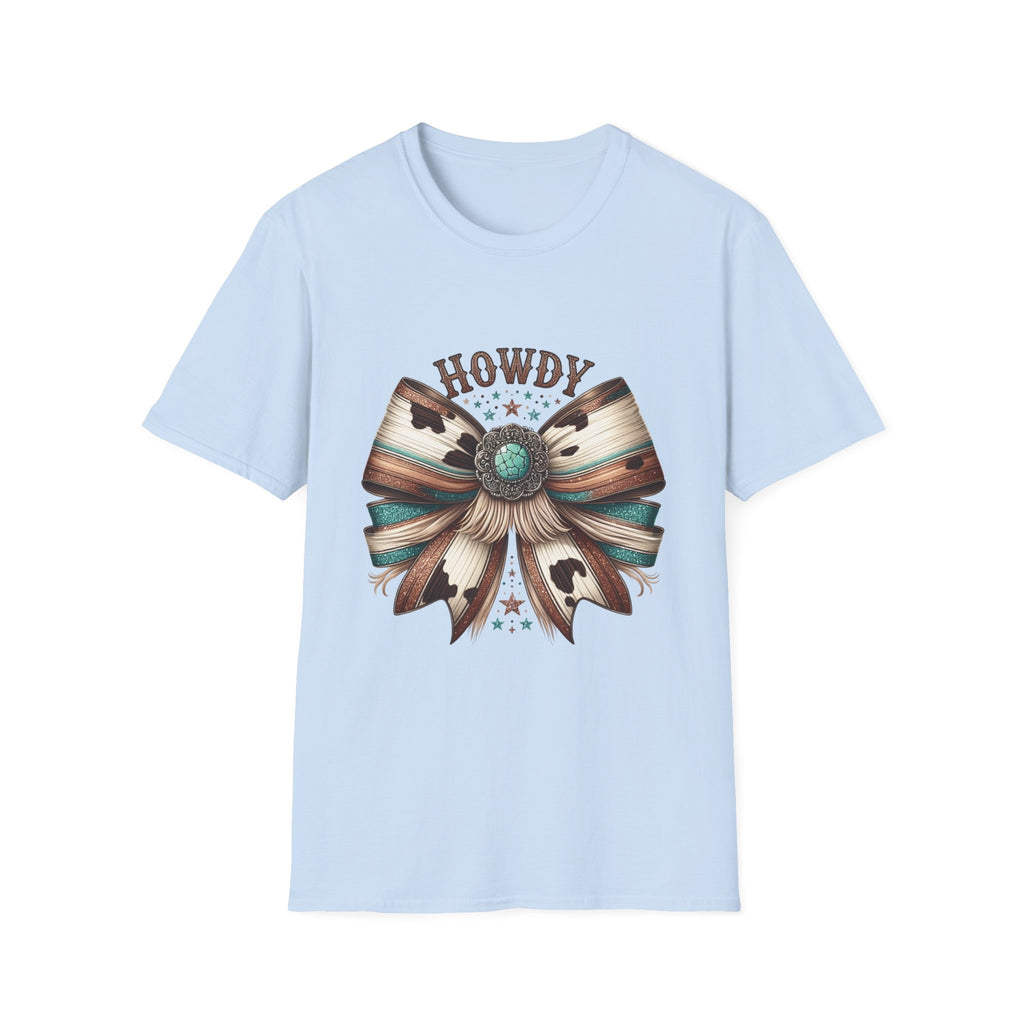 Howdy Western Bow T-Shirt — Turquoise Concho Rustic Cowhide Graphic