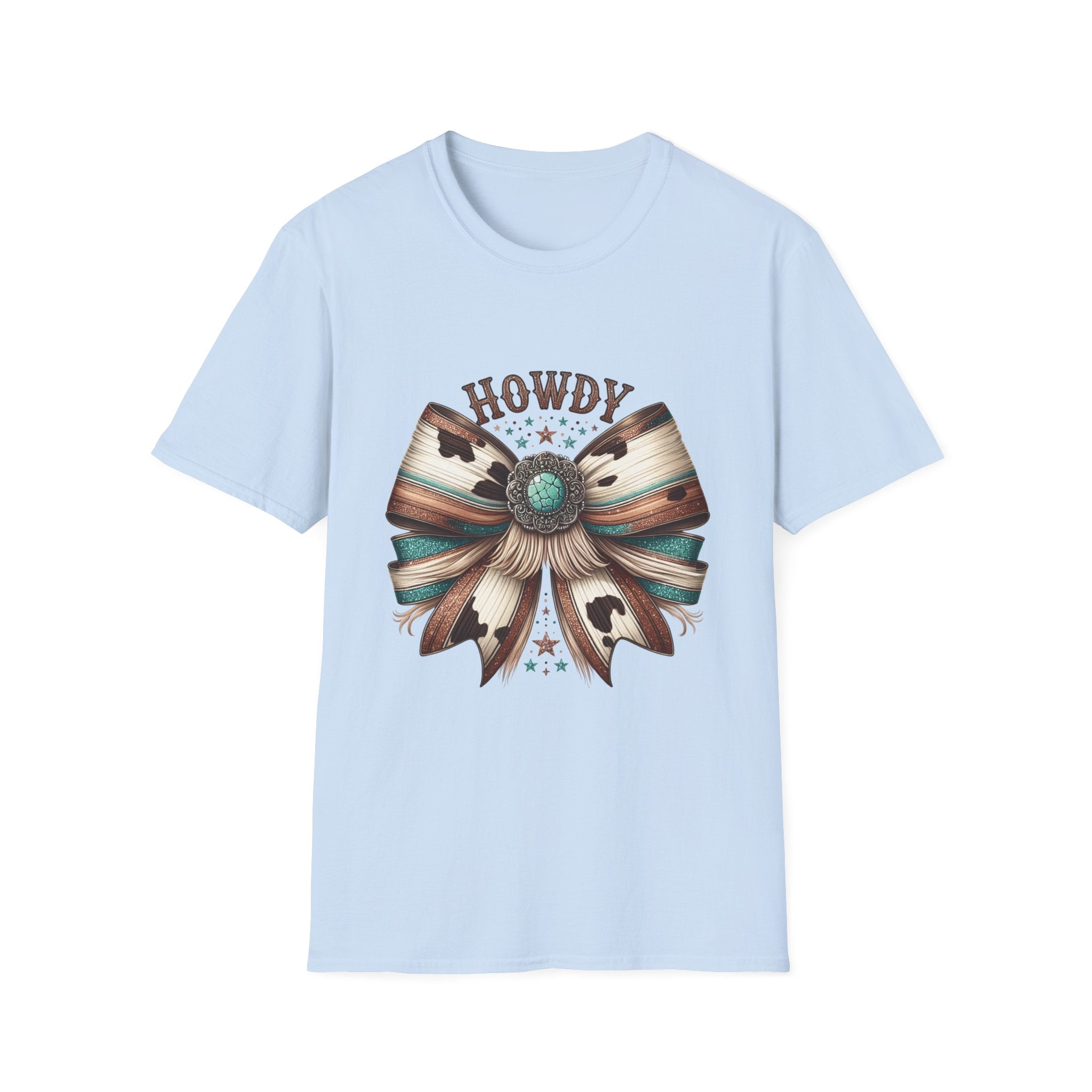 Howdy Western Bow T-Shirt — Turquoise Concho Rustic Cowhide Graphic