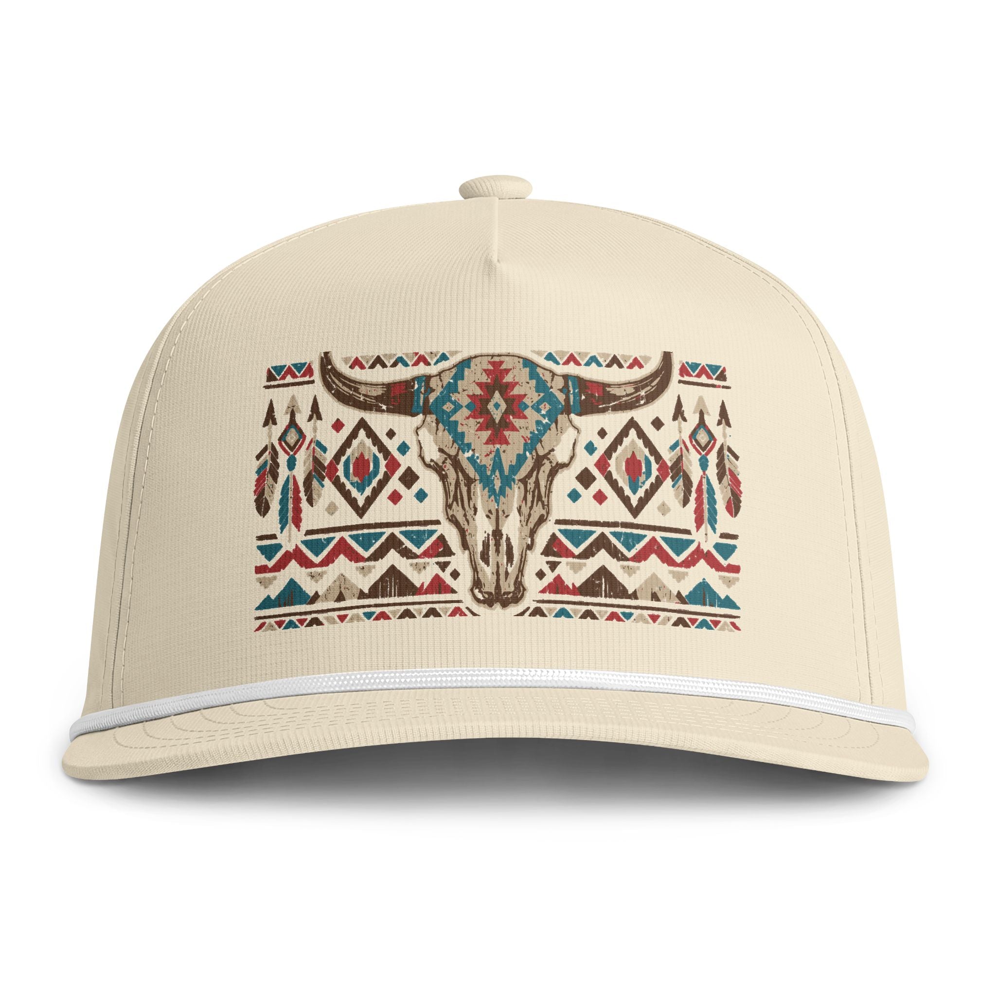Sunwashed Rope Cap – Southwestern Tribal Bull Skull Embroidered Hat