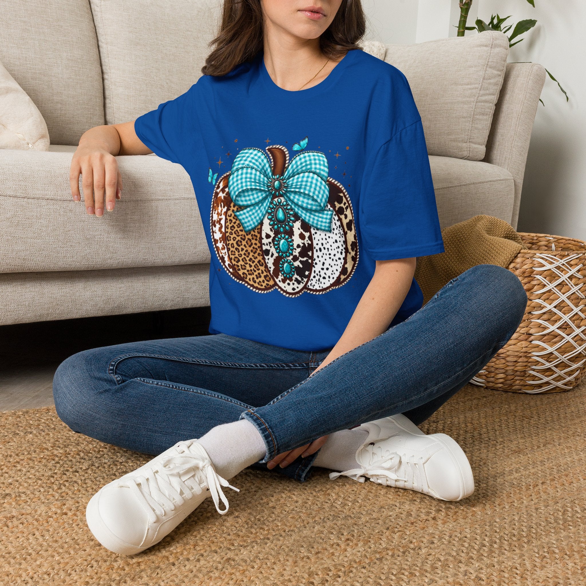 Turquoise Bow Pumpkin T-Shirt — Cowhide & Leopard Fall Graphic Tee