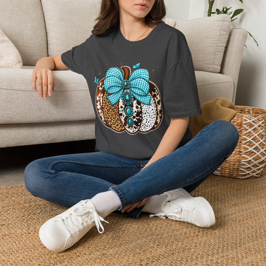 Turquoise Bow Pumpkin T-Shirt — Cowhide & Leopard Fall Graphic Tee