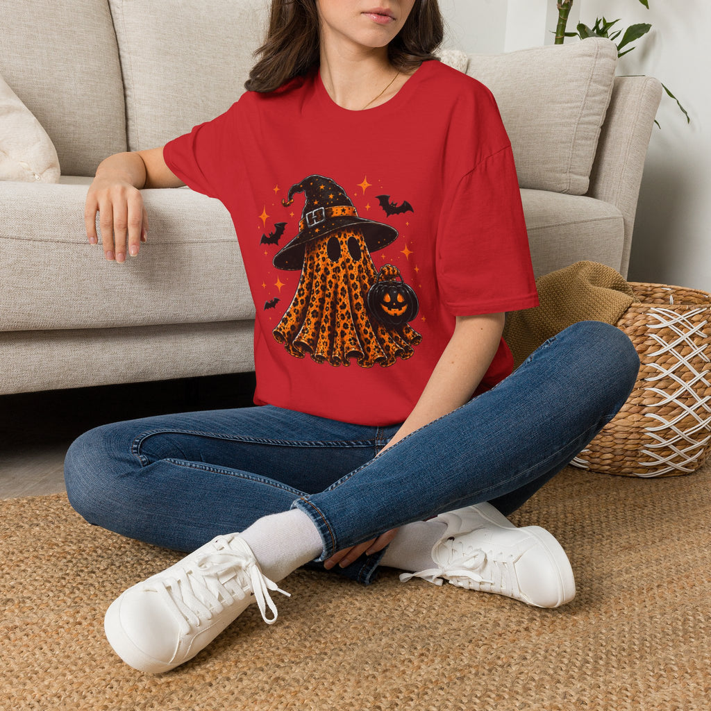 Leopard Ghost Halloween T-Shirt — Witch Hat Pumpkin & Bats Fall Tee