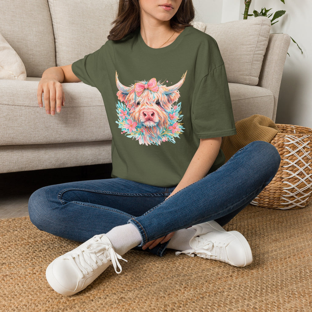 Highland Cow Floral Tee — Cute Pastel Cow Face T-Shirt