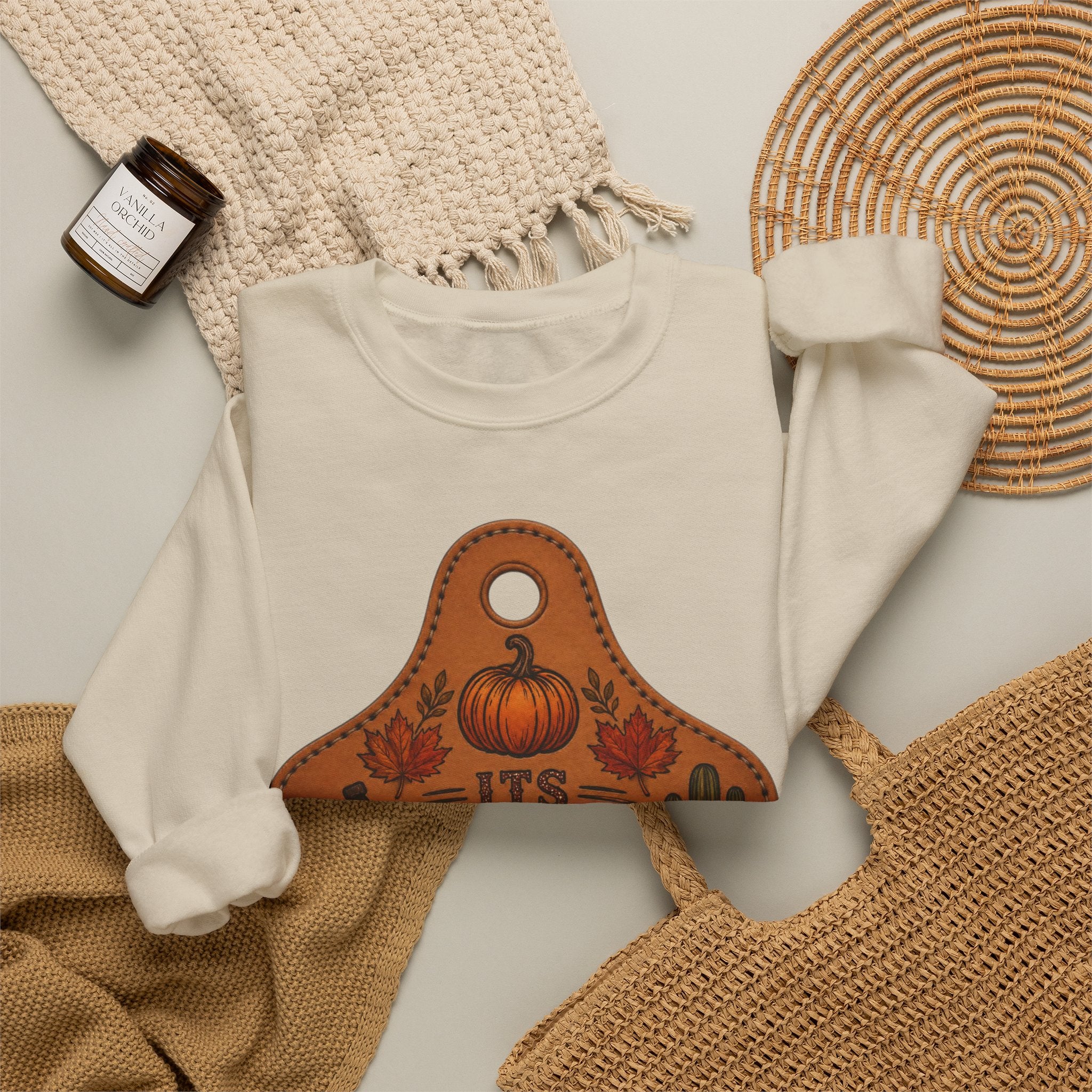 Fall Y'all Crewneck Sweatshirt — Rustic Pumpkin Leather Tag Design