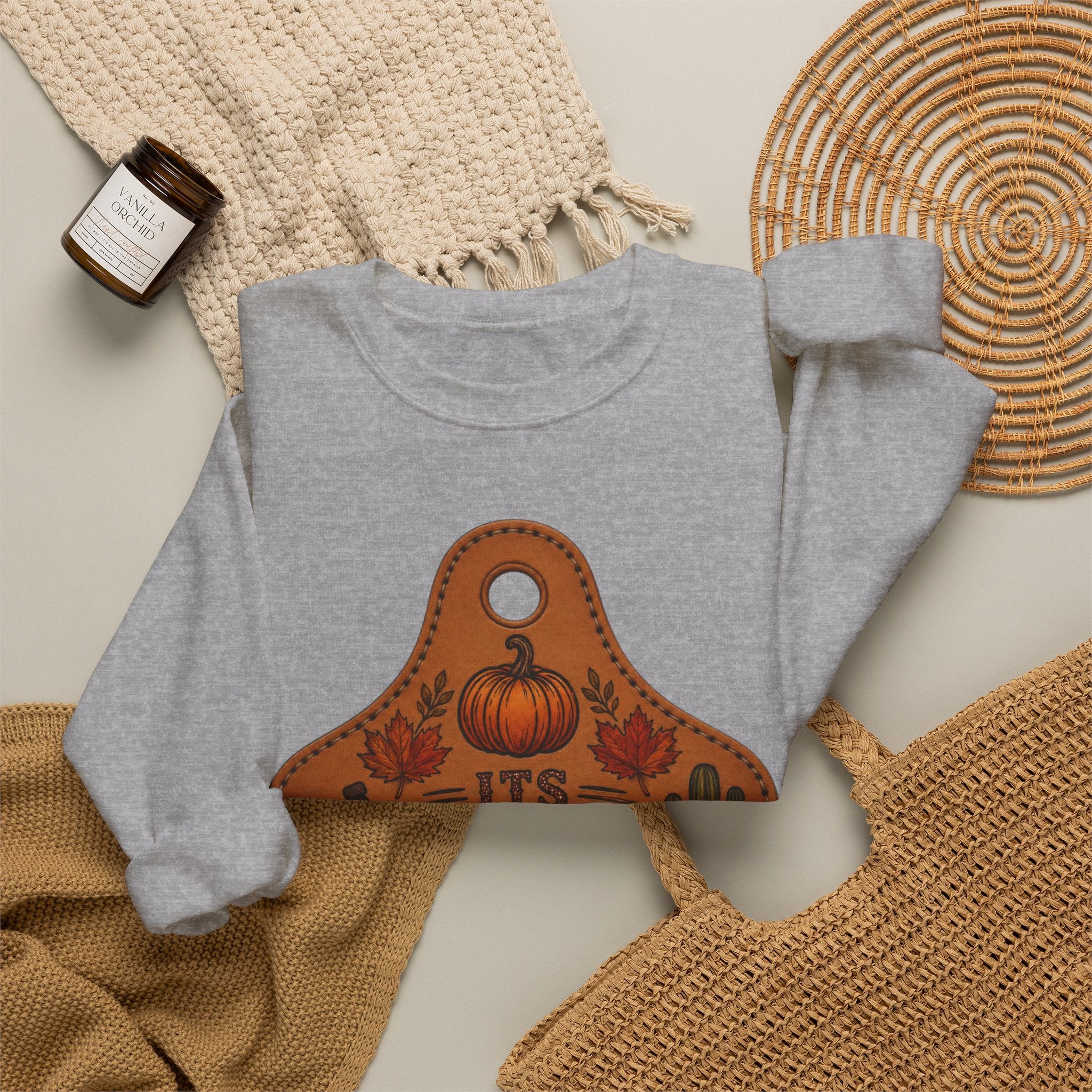 Fall Y'all Crewneck Sweatshirt — Rustic Pumpkin Leather Tag Design