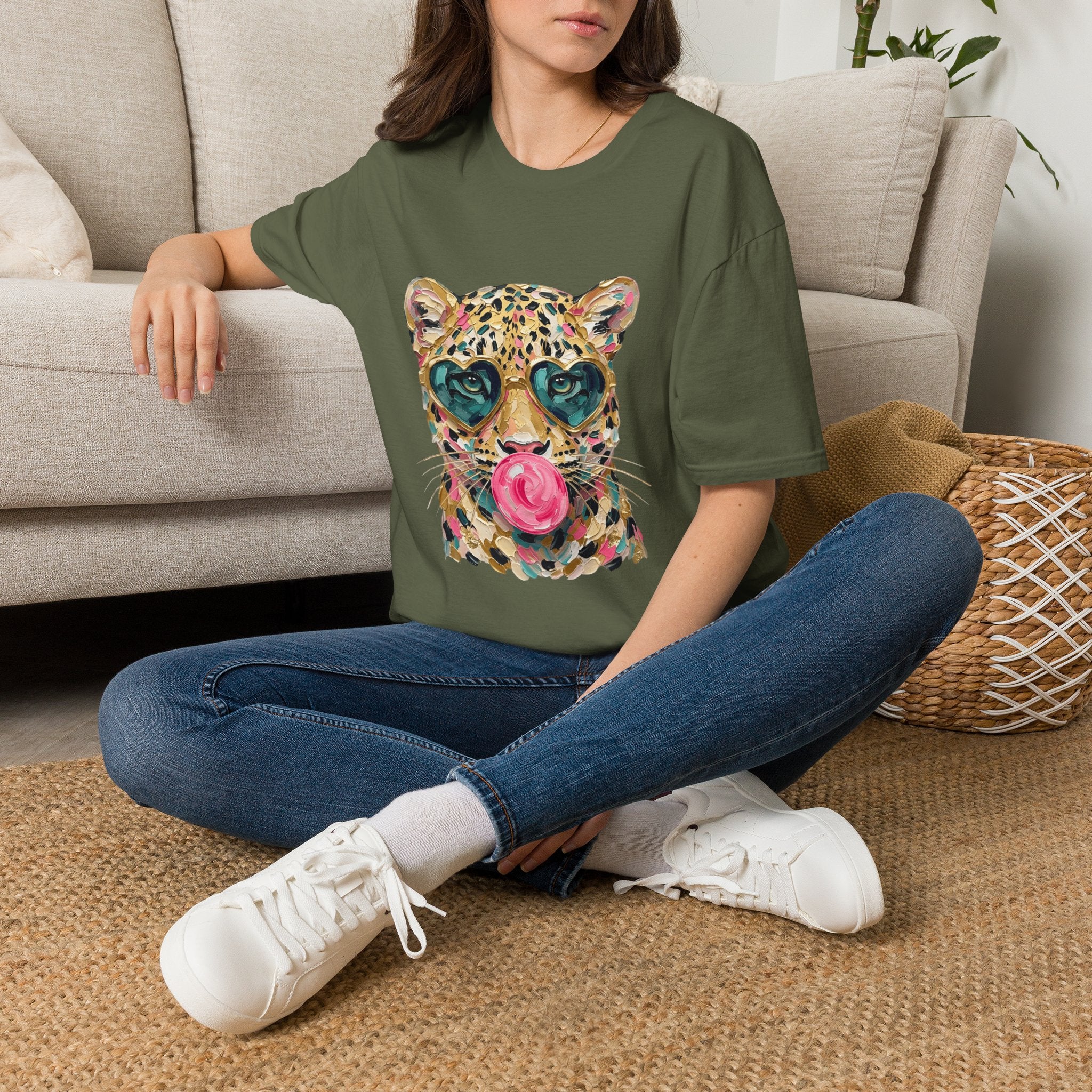 Leopard with Heart Sunglasses Graphic Tee — Cute Pop Art Animal T-Shirt