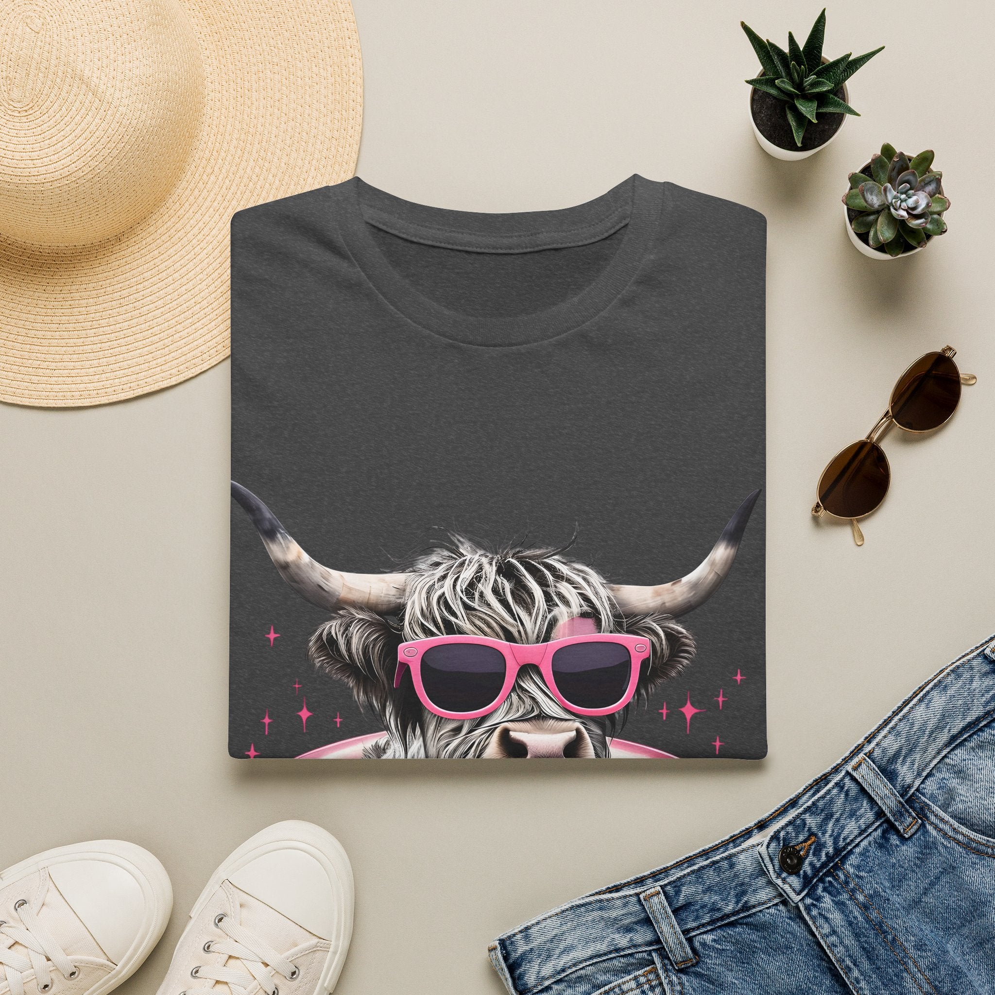 Cow with Pink Sunglasses T-Shirt — Cute Highland Cow Graphic Tee