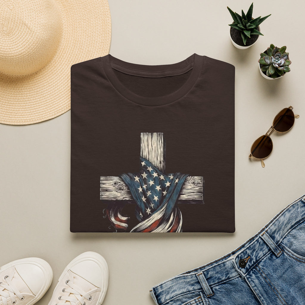 T-Shirt — American Flag Draped Cross Graphic Tee (Patriotic Christian)