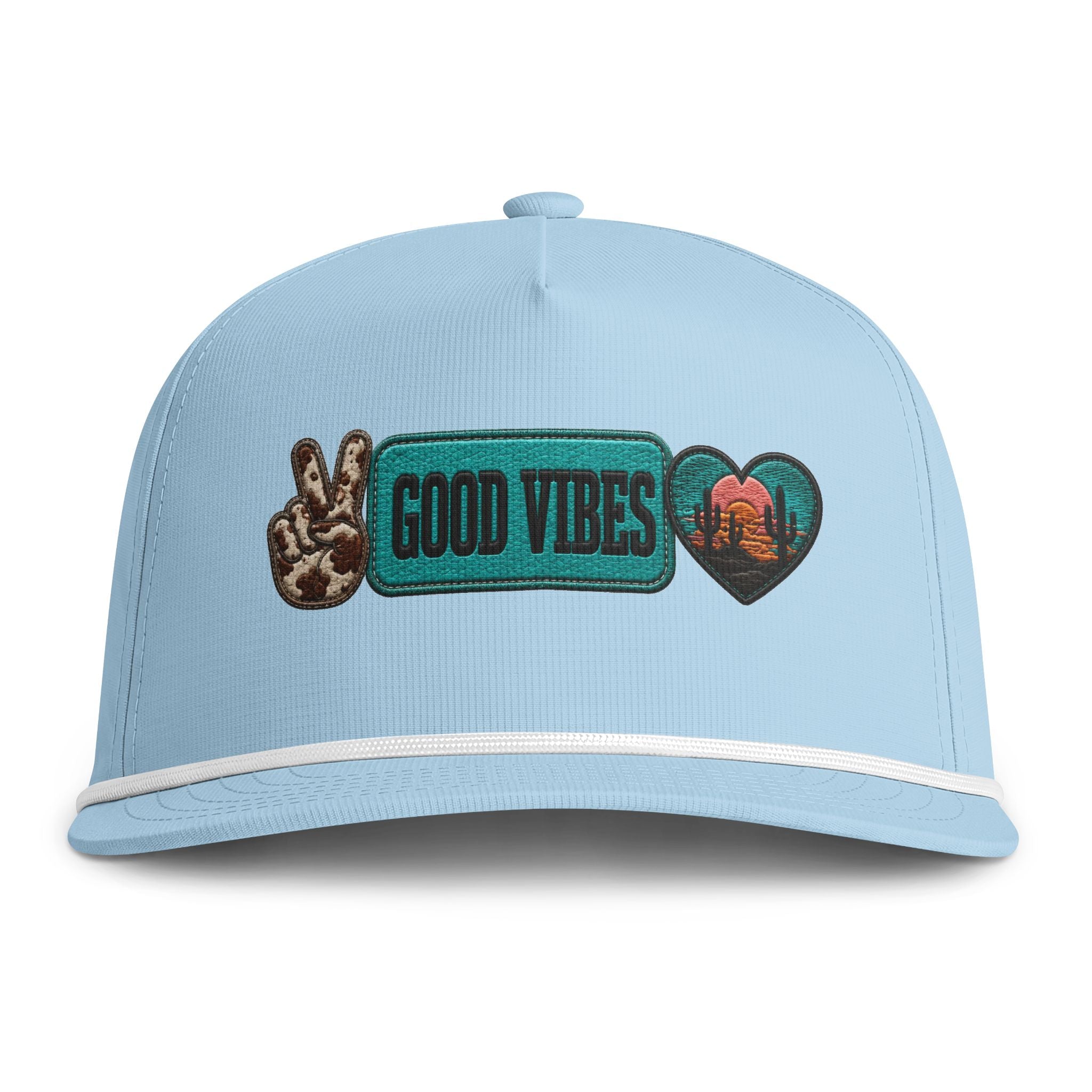 Good Vibes Rope Cap — Retro Peace Sign & Sunset Patch Hat