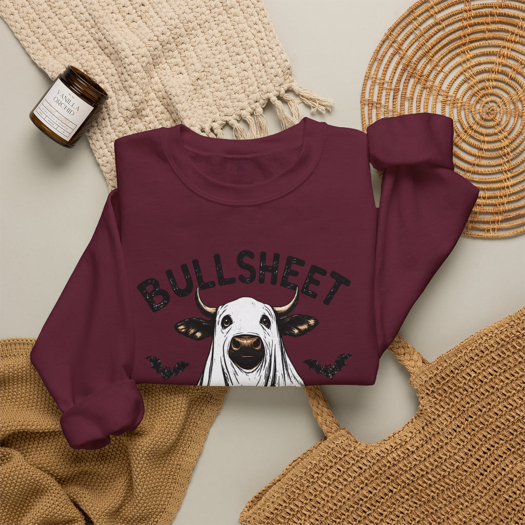 Halloween 'Bullsheet' Ghost Cow Sweatshirt - Funny Pumpkin & Bats Crewneck