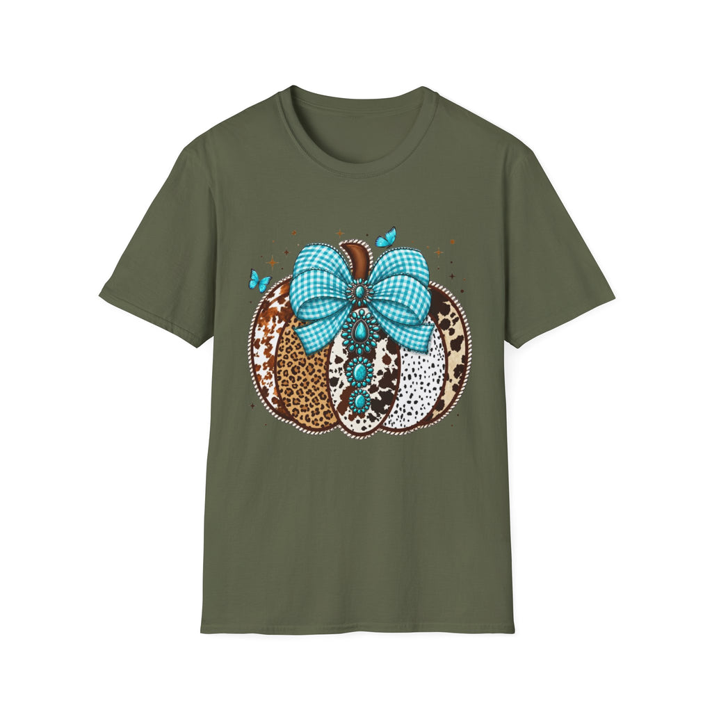 Turquoise Bow Pumpkin T-Shirt — Cowhide & Leopard Fall Graphic Tee