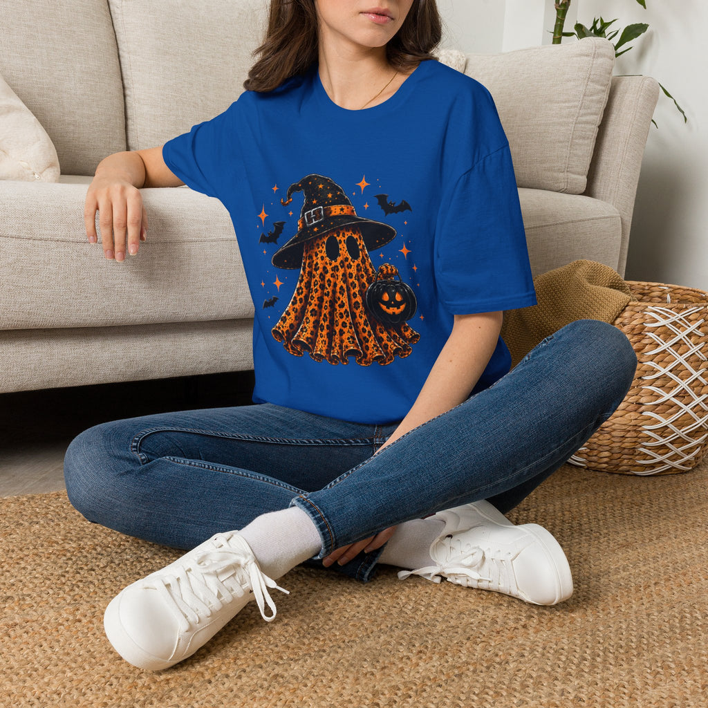 Leopard Ghost Halloween T-Shirt — Witch Hat Pumpkin & Bats Fall Tee