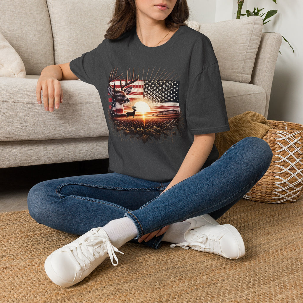Deer Sunset Flag T-Shirt — American Hunting Outdoors Tee