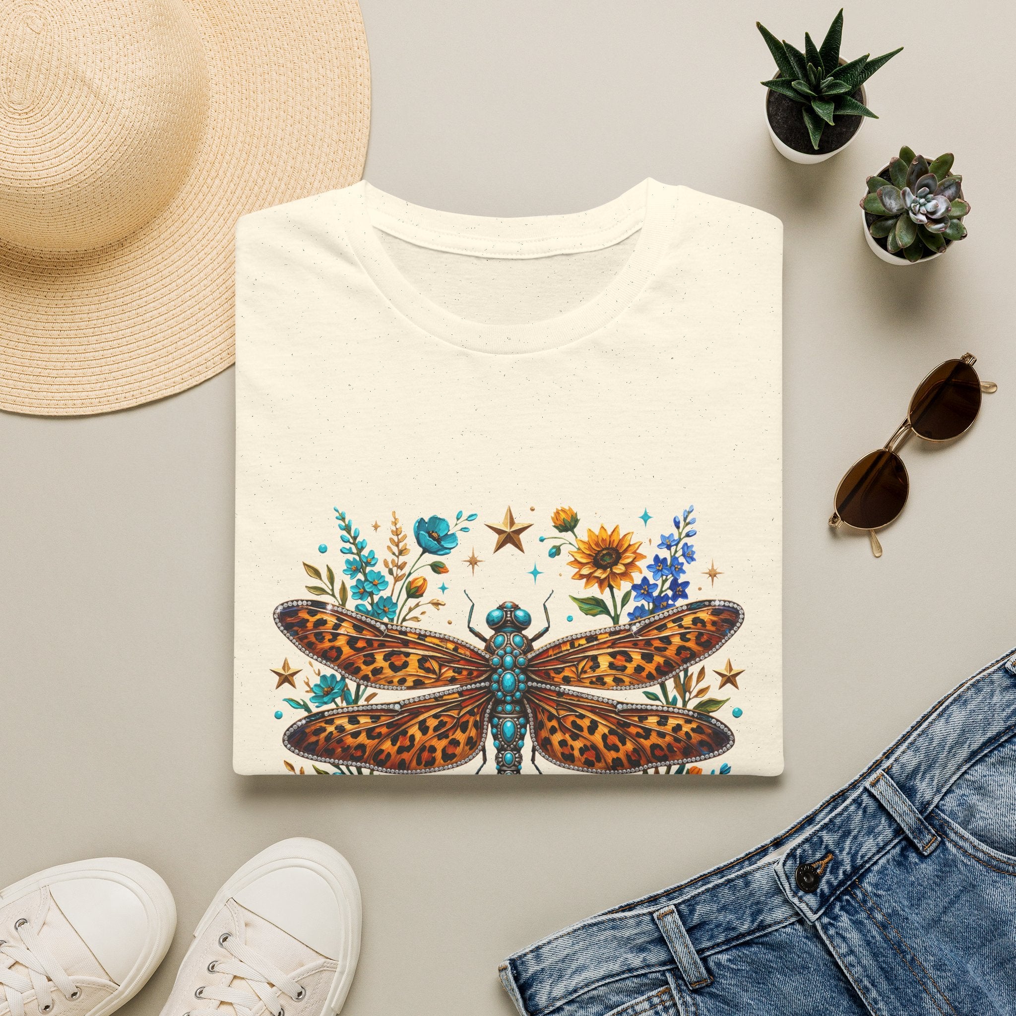 Dragonfly Free Spirit T-Shirt — Leopard Wings Floral Graphic Tee